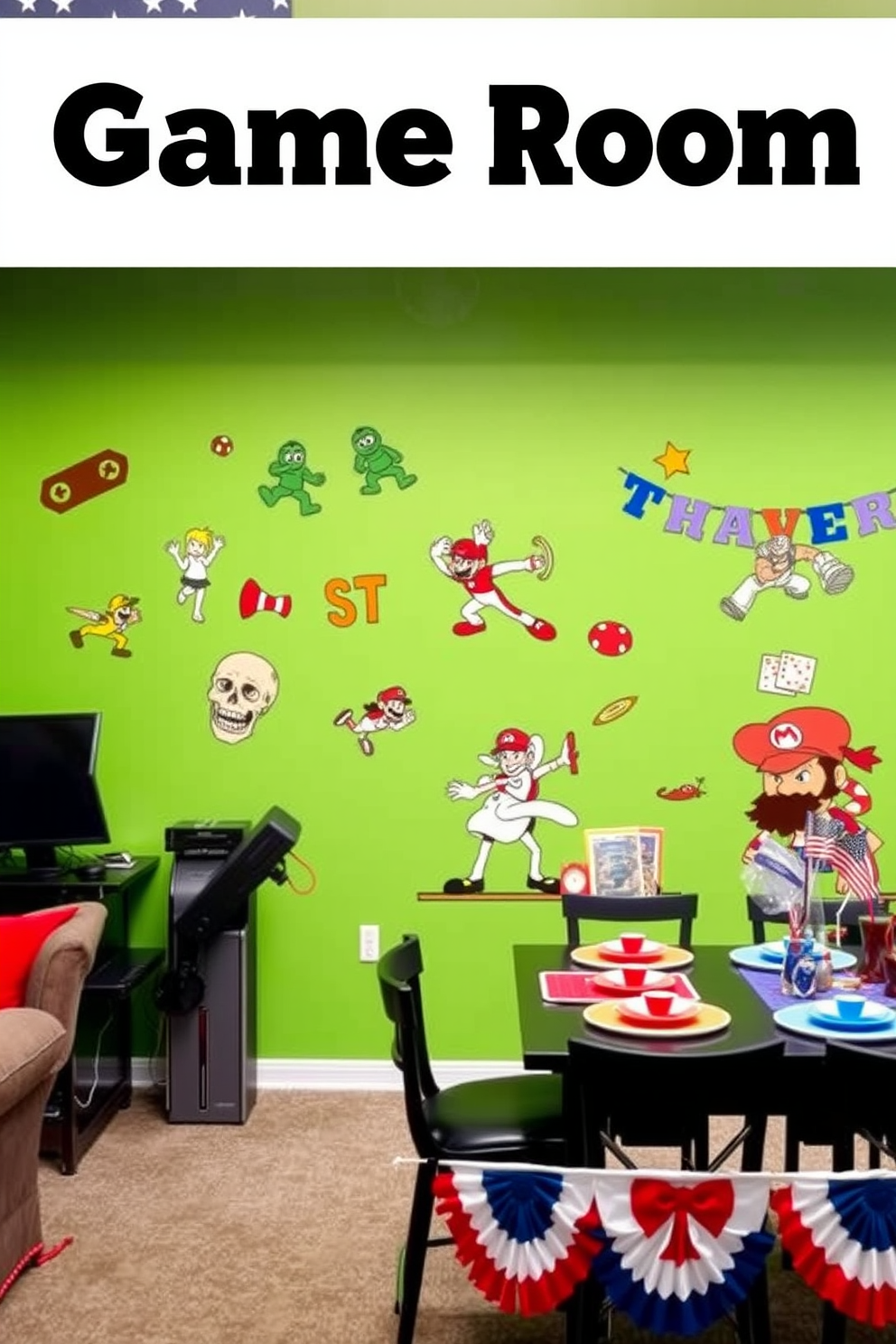 Create a vibrant game room featuring colorful wall decals inspired by popular video games. The decals should include characters and elements that add a playful touch to the space, complemented by comfortable seating and a gaming console setup. Incorporate a festive atmosphere for Labor Day with themed decorations such as red, white, and blue accents. Use banners and table settings that celebrate the holiday while maintaining a fun and inviting gaming environment.