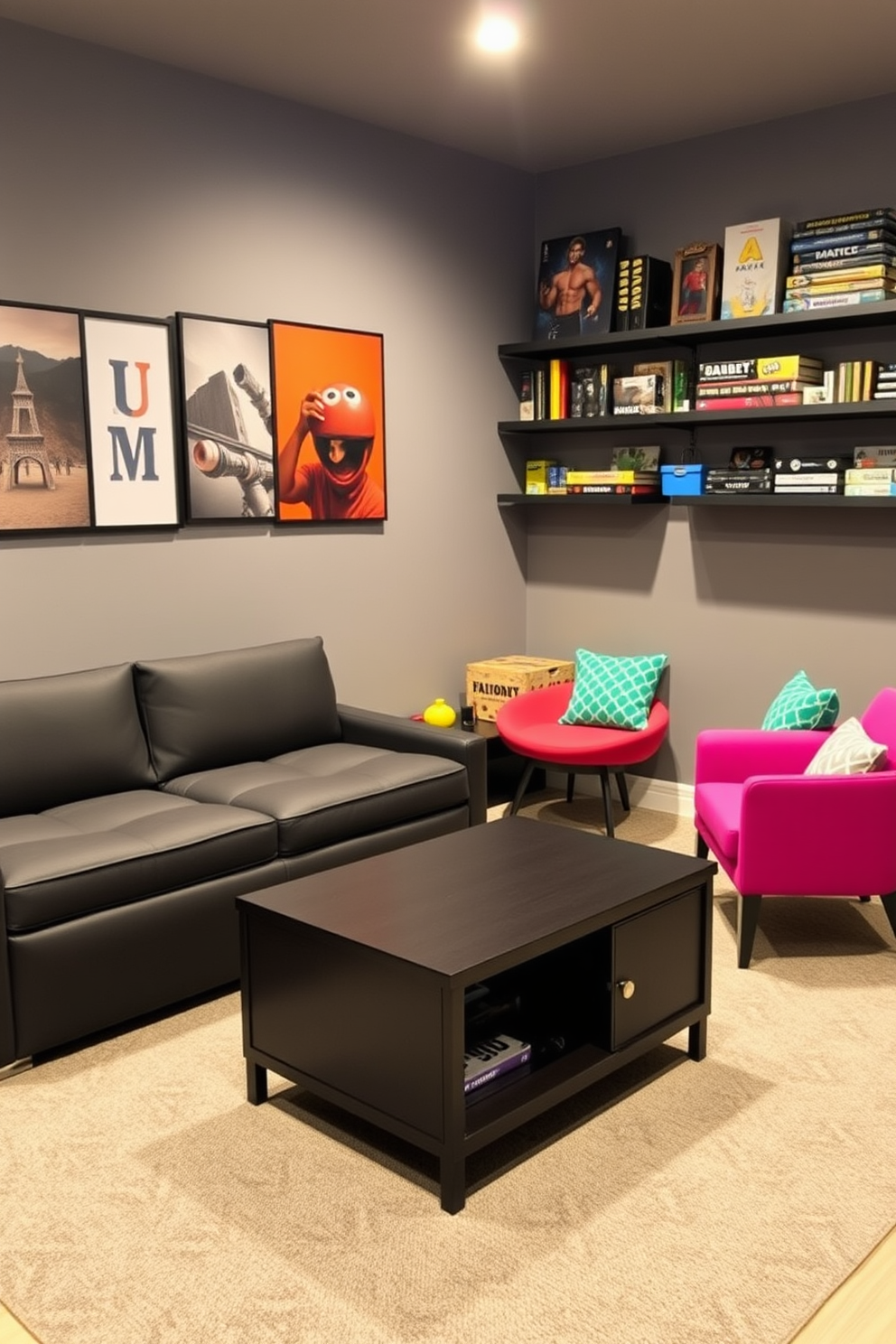 A stylish game room featuring multi-functional furniture to maximize space efficiency. The room includes a sleek convertible sofa that transforms into a bed, paired with a compact coffee table that doubles as storage. Brightly colored accent chairs provide additional seating and can be easily moved around for flexibility. Wall-mounted shelves display games and decor, keeping the floor area open and inviting.