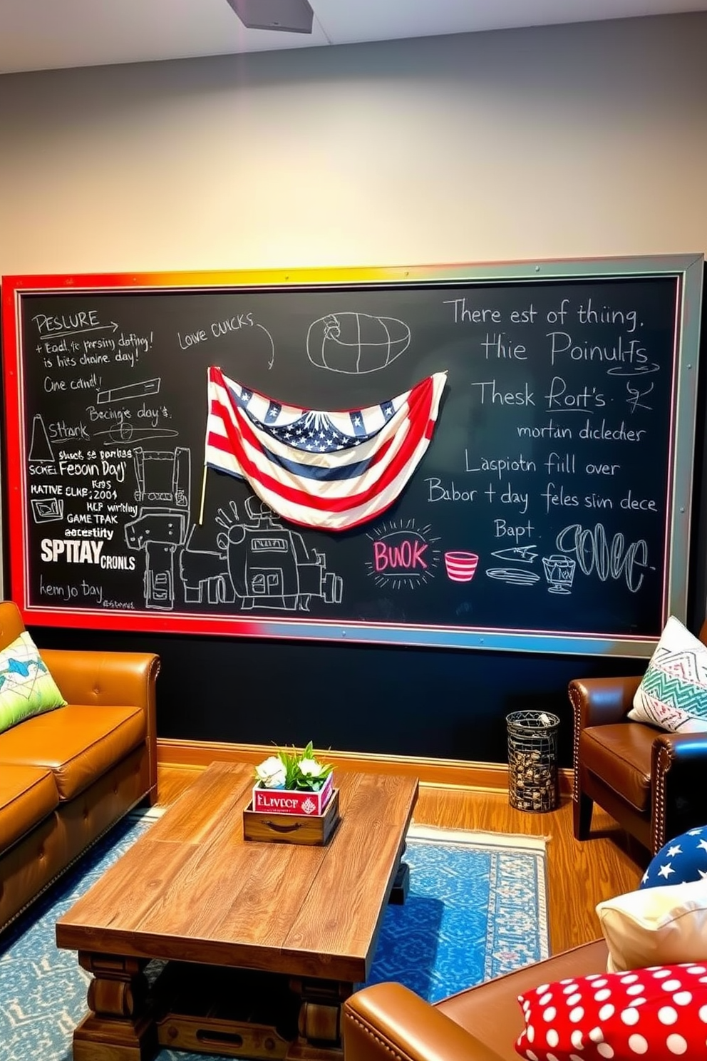 Create an interactive chalkboard wall in a game room that inspires creativity and fun. The wall should be framed with colorful trim and include various chalk markers for drawing and writing. Design a cozy game room that celebrates Labor Day with festive decorations. Incorporate comfortable seating, a rustic coffee table, and themed decor elements like red, white, and blue accents.