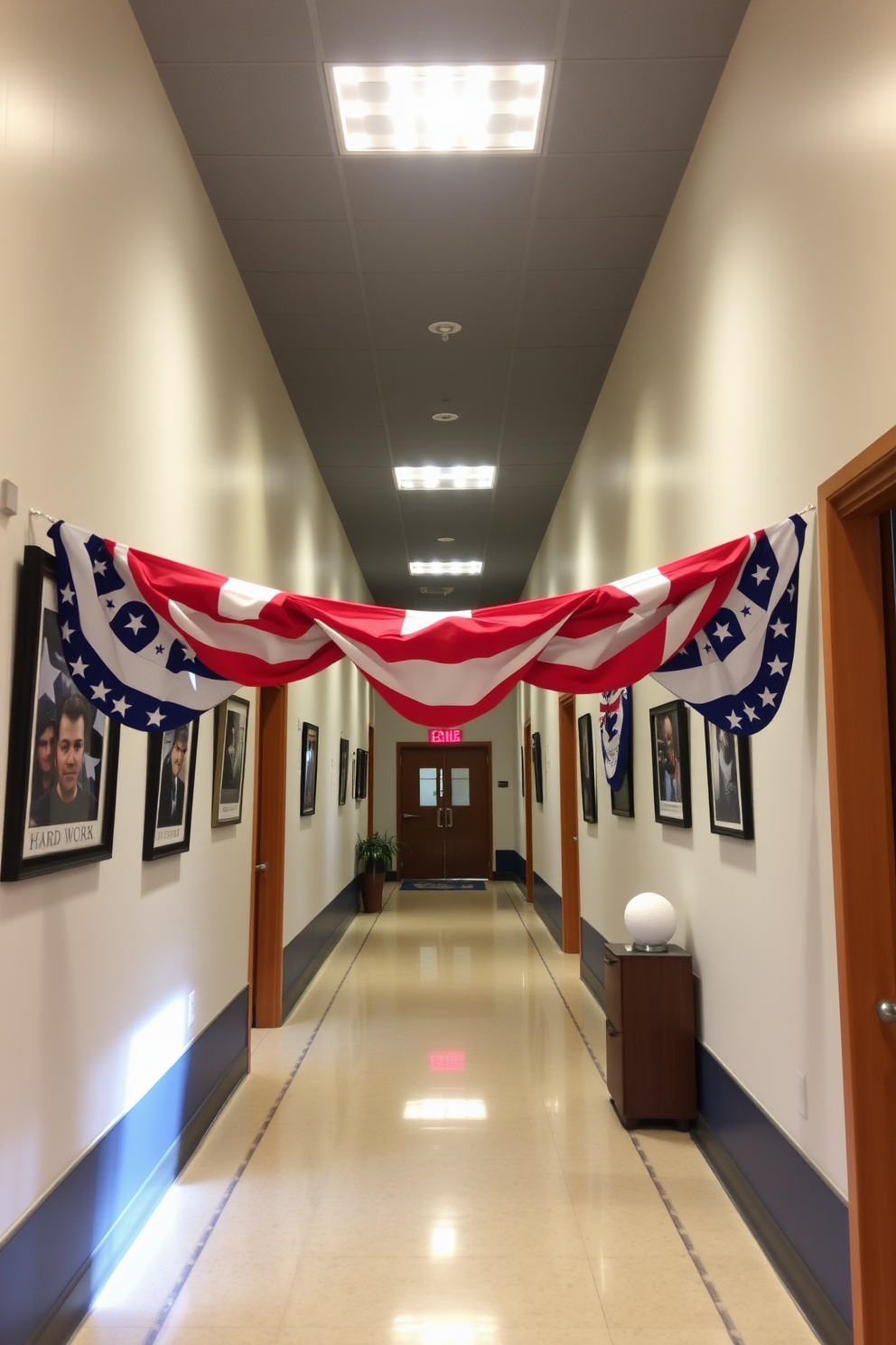 A cozy hallway adorned with autumn leaves garlands drapes elegantly along the walls creating a warm ambiance. Soft golden lights twinkle among the leaves, enhancing the seasonal charm and inviting guests into the space. For Labor Day, the hallway features a patriotic theme with red, white, and blue accents. Decorative elements like small flags and seasonal flowers are strategically placed to celebrate the holiday while maintaining an inviting atmosphere.