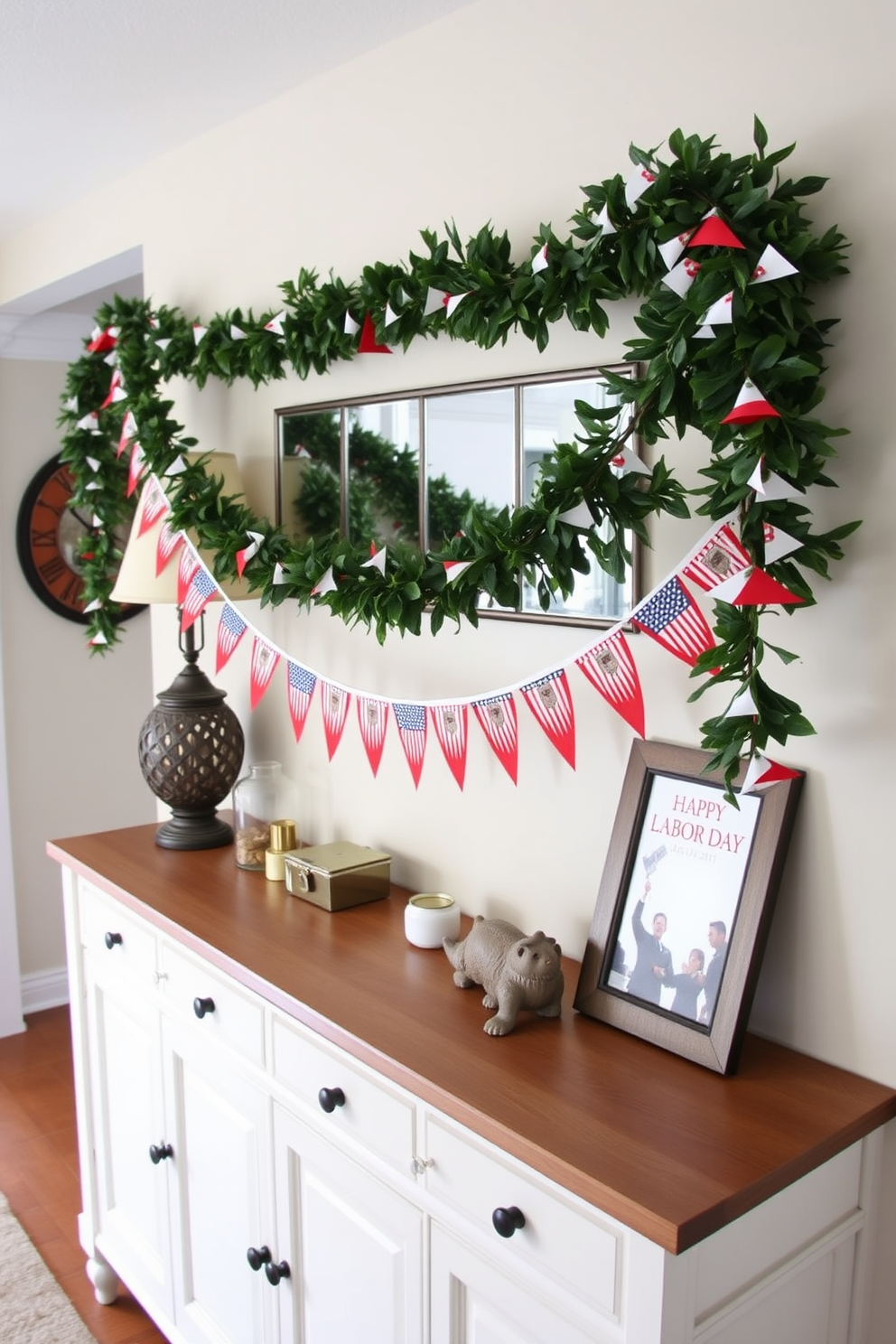 Create a festive hallway setting adorned with a seasonal garland featuring mini flags in red white and blue. The garland drapes elegantly along the top of a console table which is styled with small decorative items and a framed photo celebrating Labor Day.