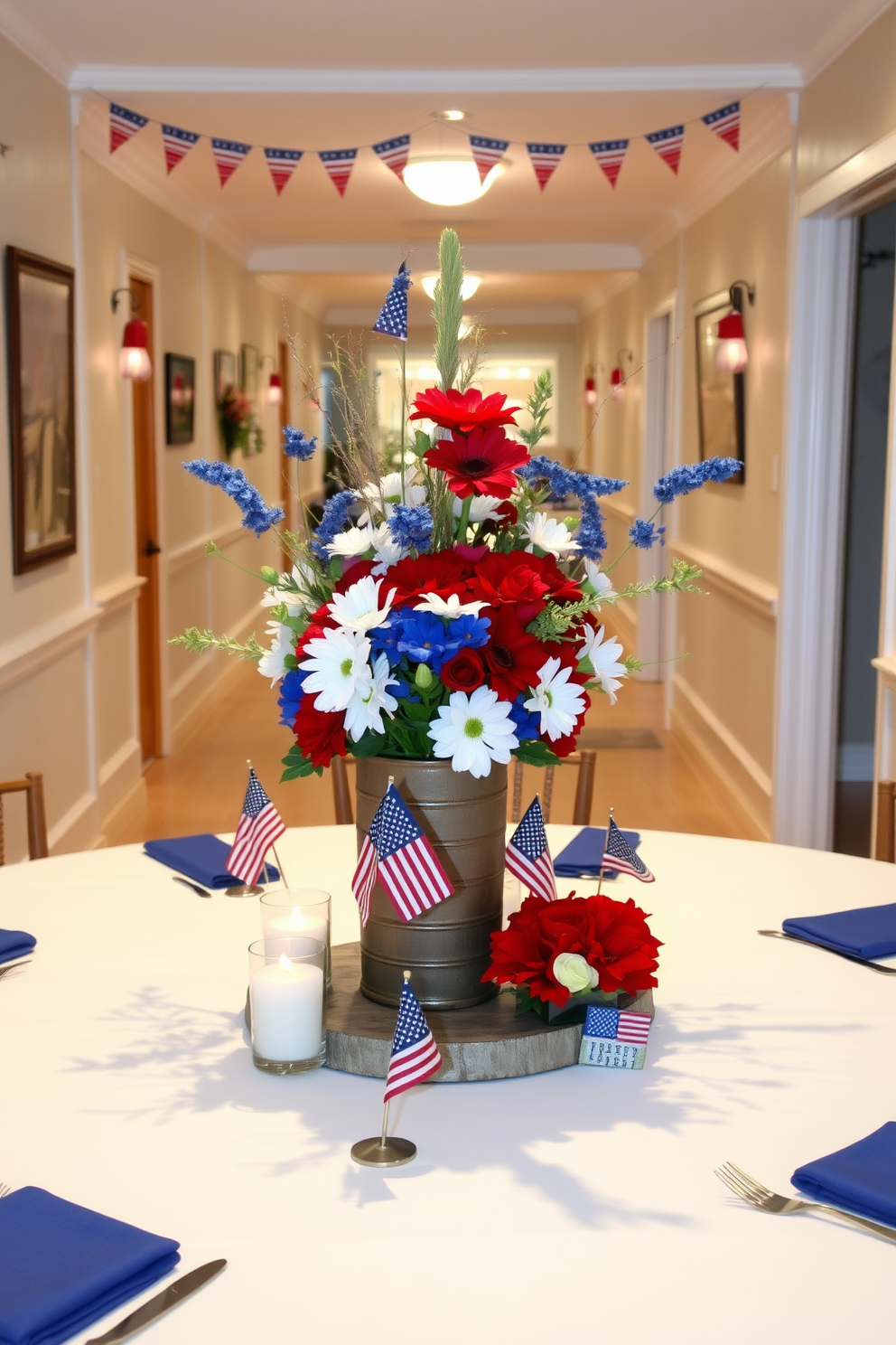 A beautifully set table adorned with a vibrant Labor Day centerpiece featuring a mix of red, white, and blue flowers in a rustic vase. Surrounding the centerpiece are small decorative flags and candles, creating a warm and inviting atmosphere for guests. The hallway is decorated with subtle touches of Labor Day spirit, including a garland made of mini flags and seasonal flowers. Soft lighting highlights the decor, enhancing the festive yet elegant ambiance as guests walk through.