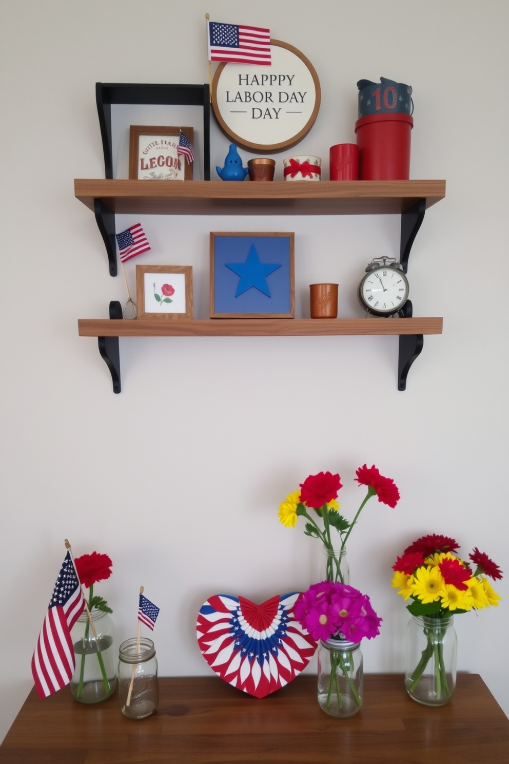 A vibrant hallway adorned with hanging fabric bunting in festive colors. The bunting features a mix of patterns and textures, creating a cheerful atmosphere for Labor Day celebrations.