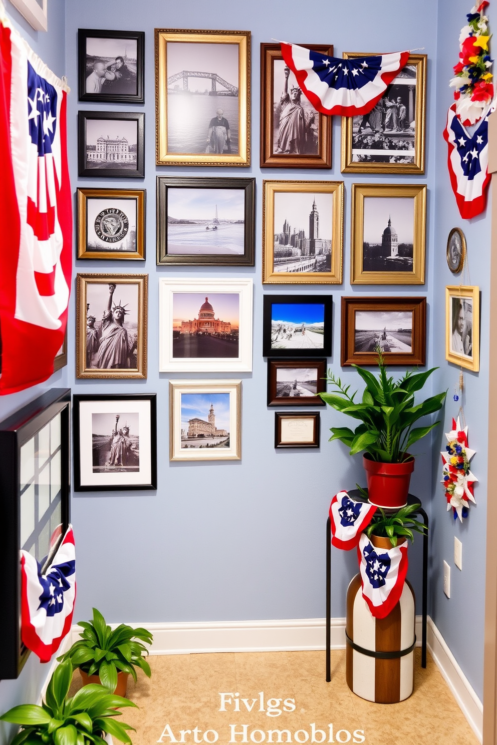 A charming hallway adorned with vintage frames displaying family photos. The frames are arranged in an eclectic gallery wall style, showcasing various sizes and finishes that add character to the space. Soft lighting illuminates the hallway, highlighting the personal touches and memories captured in the photographs. A console table beneath the frames holds seasonal decorations, celebrating Labor Day with small flags and autumn-themed accents.