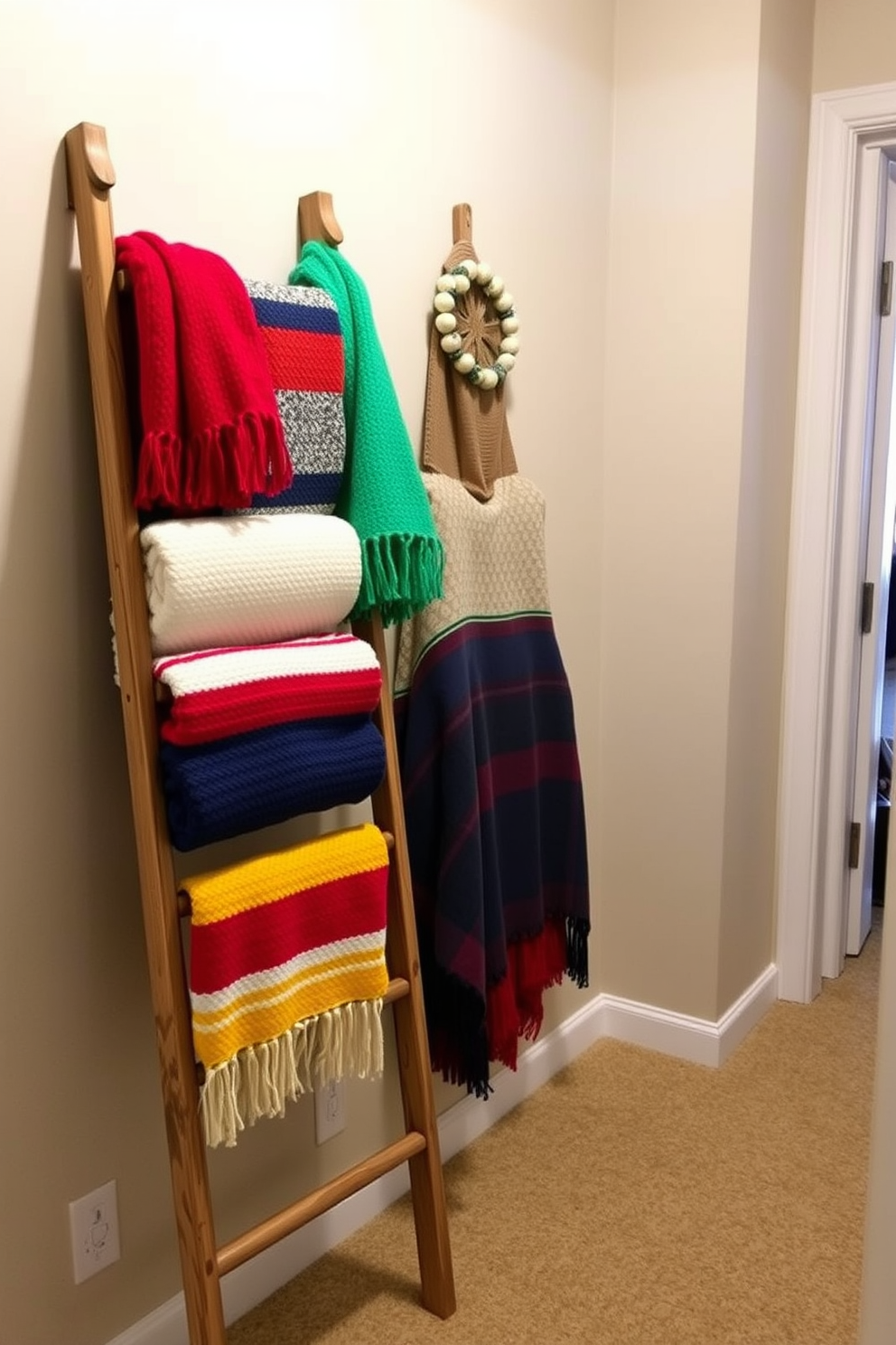 A decorative ladder is leaning against the wall in the hallway. It is adorned with an array of festive throws in vibrant colors, perfect for celebrating Labor Day. The ladder adds a charming touch to the space, creating a cozy atmosphere. The throws are neatly draped, inviting warmth and comfort to the hallway decor.