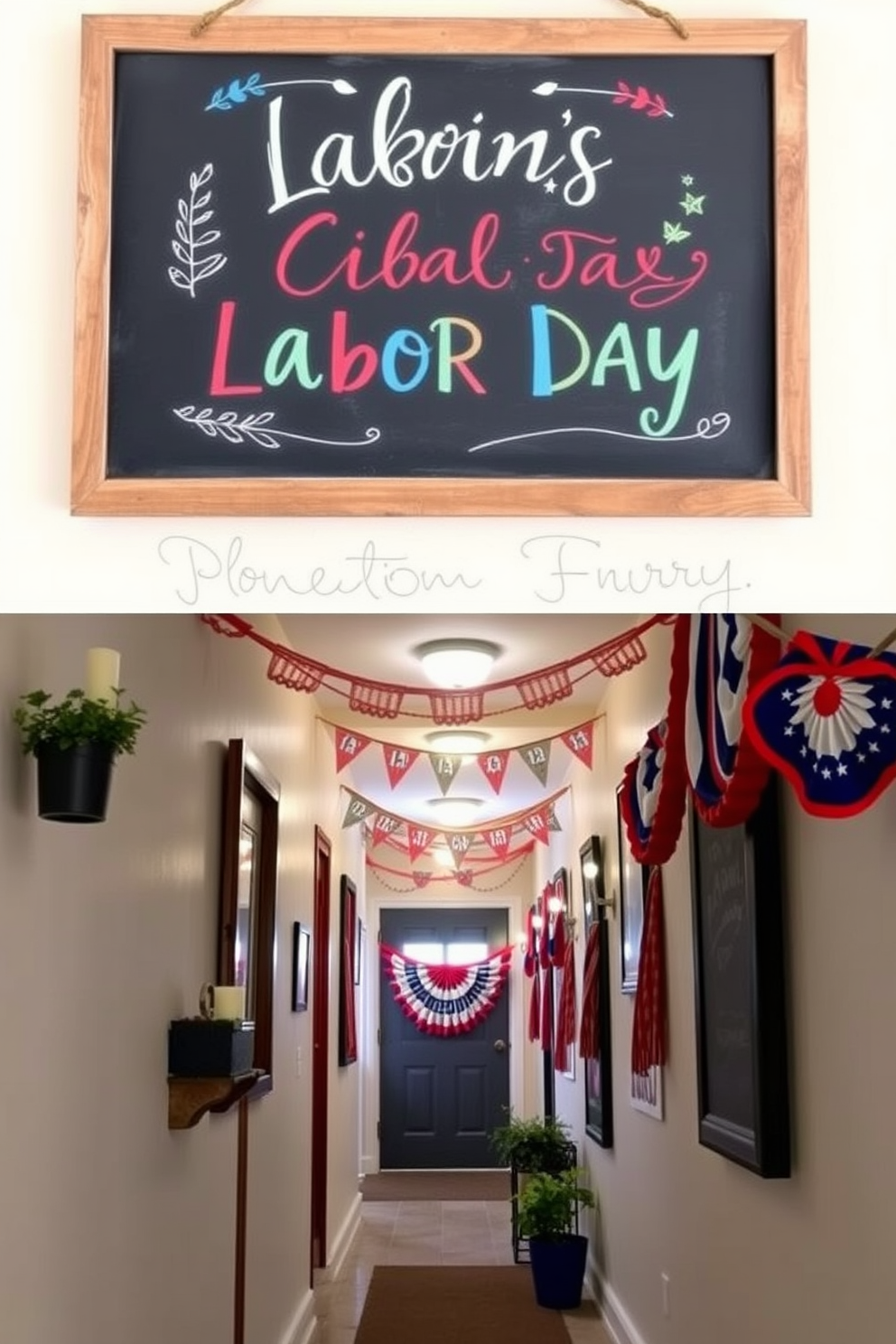 A charming chalkboard sign adorned with colorful Labor Day greetings. The sign is framed in rustic wood and features hand-drawn seasonal elements like leaves and stars. A festive hallway decorated with red, white, and blue accents to celebrate Labor Day. Banners and garlands hang along the walls, complemented by small potted plants and candles for a warm touch.