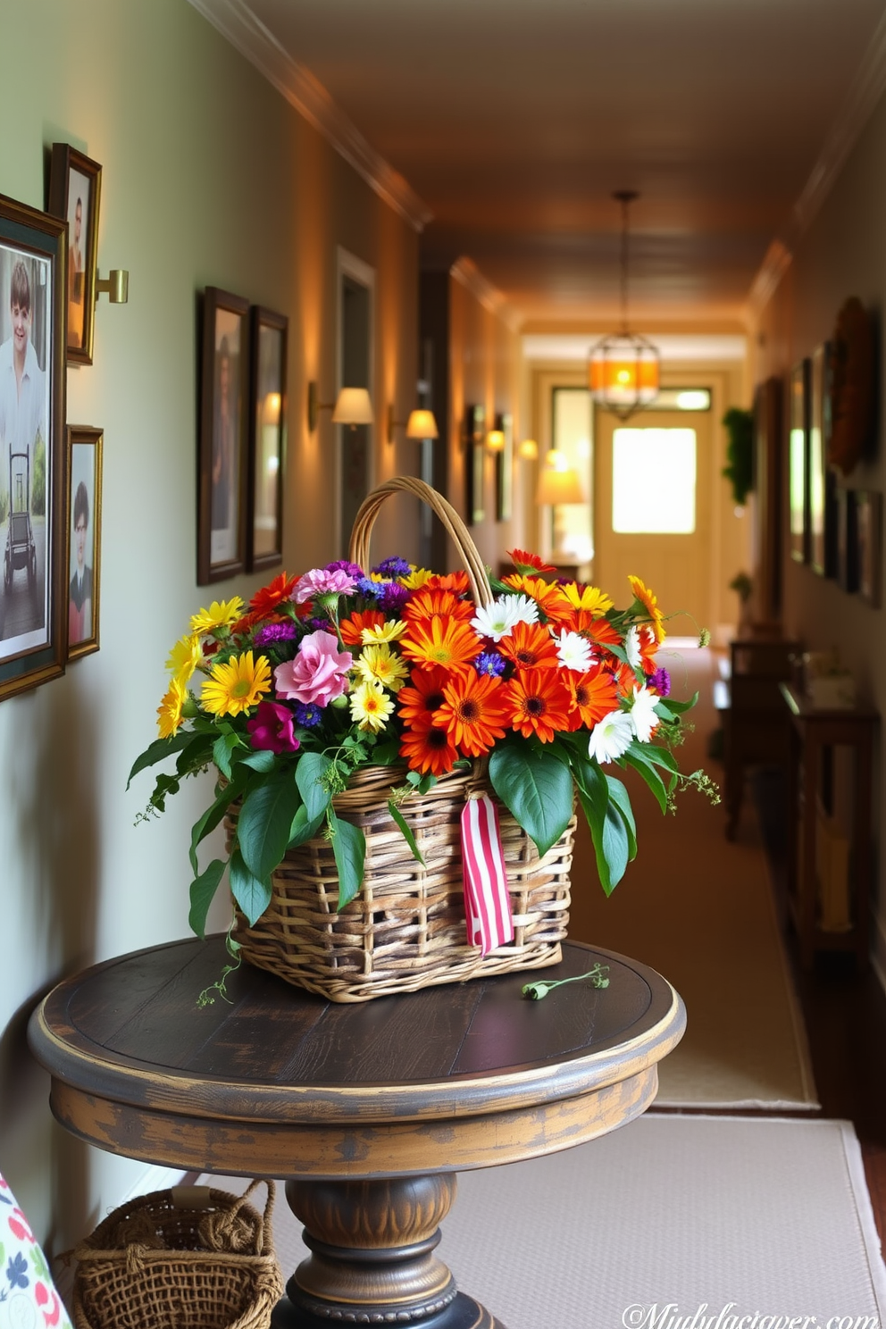 A vintage picnic basket overflowing with vibrant flowers sits on a rustic wooden table. The surrounding area features soft, ambient lighting and warm-toned decor, creating a cozy and inviting atmosphere. The hallway is adorned with subtle decorations that reflect the spirit of Labor Day. A series of framed photographs and seasonal accents line the walls, enhancing the charm of the space while maintaining a sophisticated look.