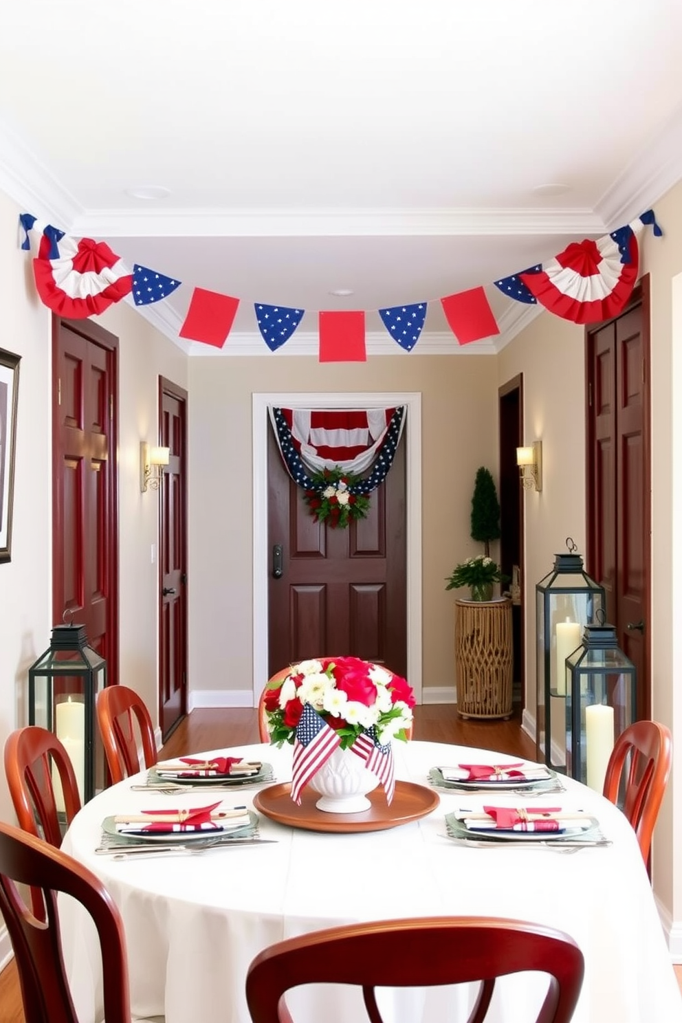 A seasonal table setting featuring red white and blue accents. The table is adorned with a crisp white tablecloth and a centerpiece of fresh flowers in patriotic colors. Labor Day hallway decorating ideas include a welcoming entryway with a garland of red white and blue bunting. Flanking the hallway, decorative lanterns with candles create a warm and inviting atmosphere.