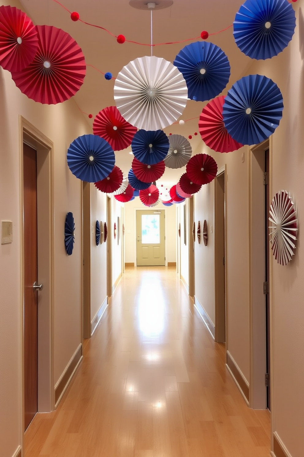 A creative hallway featuring a chalkboard wall where family members can leave messages and showcase their art. The decor includes vibrant Labor Day-themed accents like red, white, and blue bunting and seasonal floral arrangements.