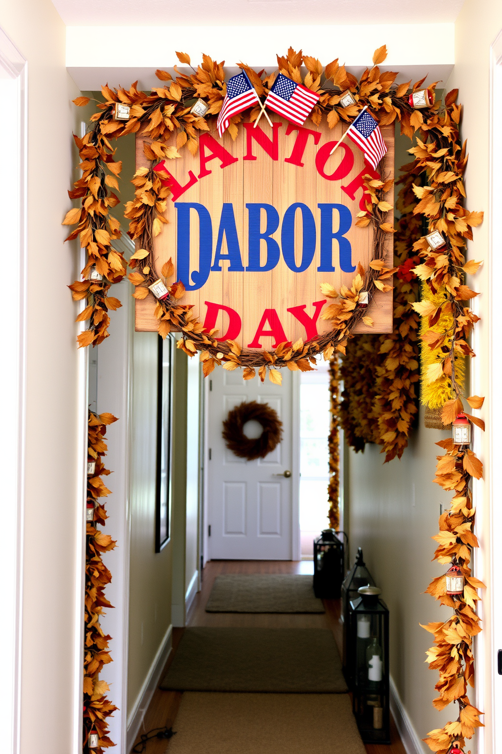 Rustic wooden sign with Labor Day theme. The sign features red and blue lettering with stars and stripes, surrounded by a wreath of dried leaves and small American flags. Labor Day hallway decorating ideas. The hallway is adorned with garlands of autumn leaves and small lanterns, creating a warm and inviting atmosphere for guests.