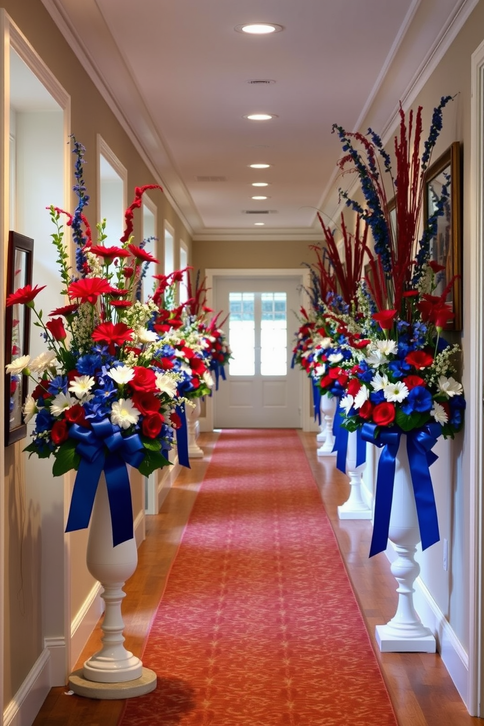 Create a vibrant hallway adorned with stunning flower arrangements featuring red, white, and blue blooms. The arrangements should be artfully placed in elegant vases along the walls, complemented by tasteful decorations that celebrate the spirit of Labor Day.