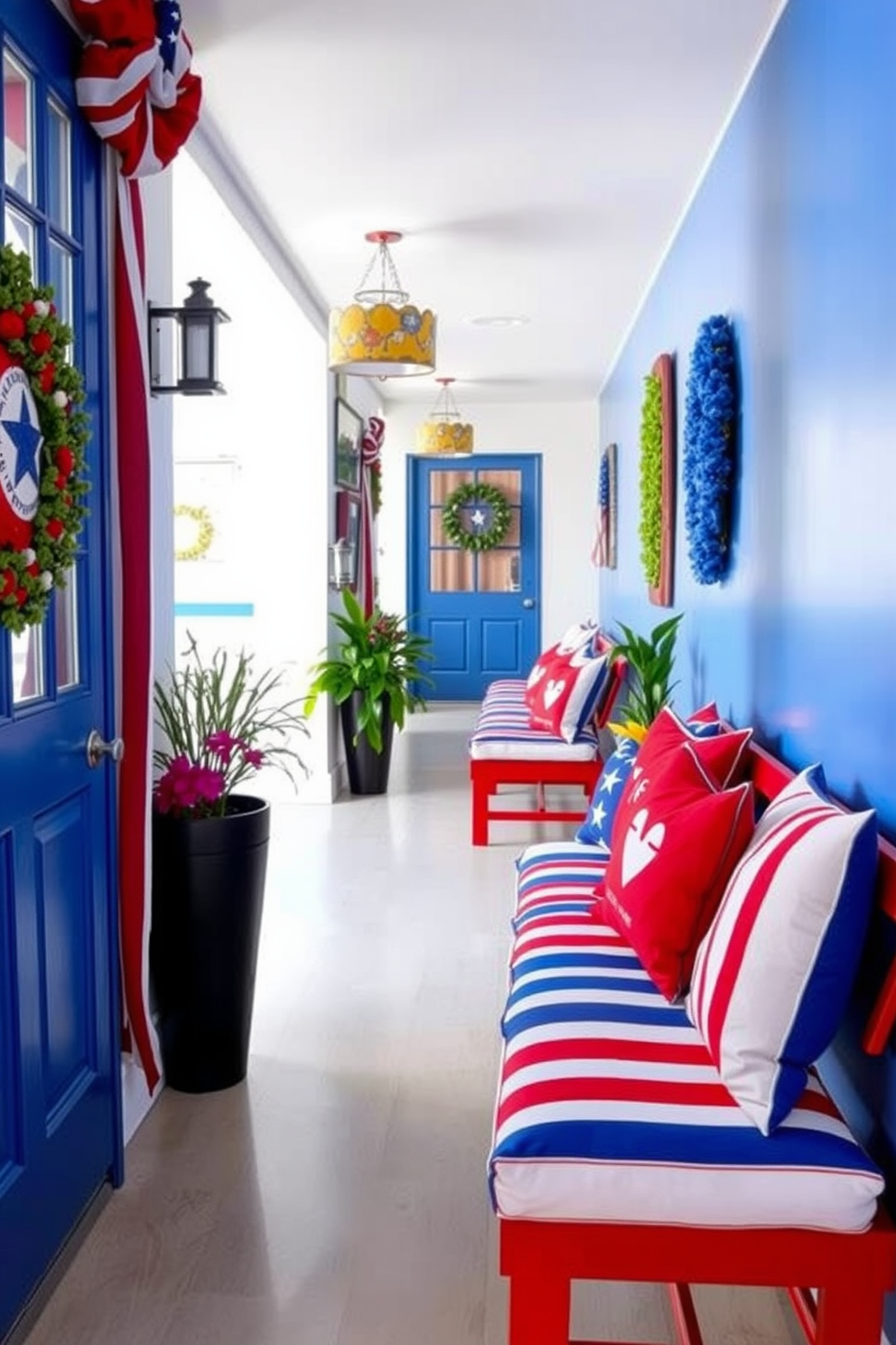 Create a vibrant hallway decorated for Labor Day. Incorporate benches adorned with red blue and white cushions that evoke a festive atmosphere.