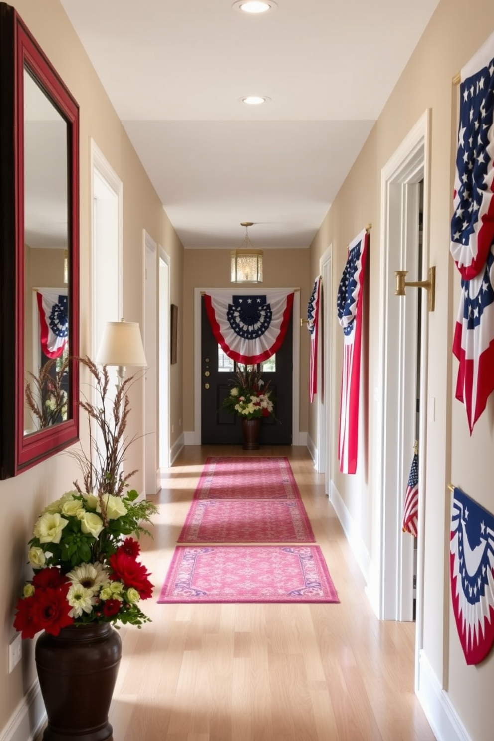 A welcoming entryway features a large mirror framed in vibrant patriotic colors that reflect a sense of pride and celebration. The hallway is adorned with tasteful Labor Day decorations, including banners and seasonal flowers that create a festive atmosphere.