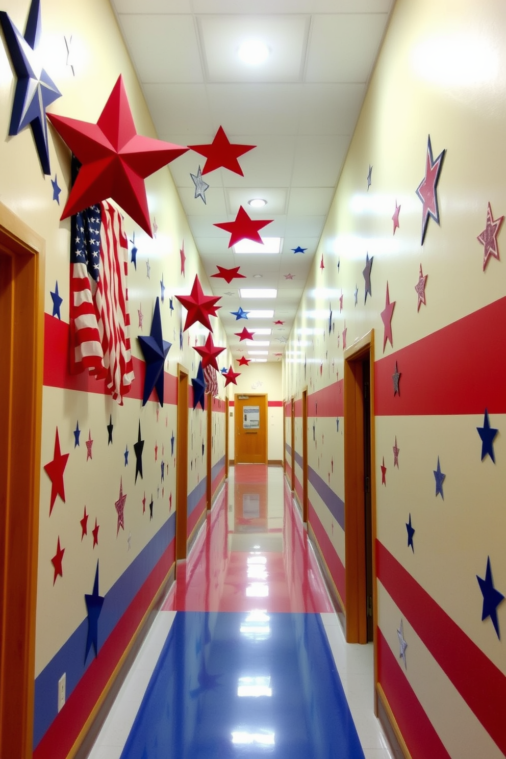 A warm and inviting hallway adorned with hanging seasonal wreaths that capture the essence of Labor Day. The walls are painted in a soft beige, providing a neutral backdrop for the vibrant wreaths made of red, white, and blue flowers and foliage.