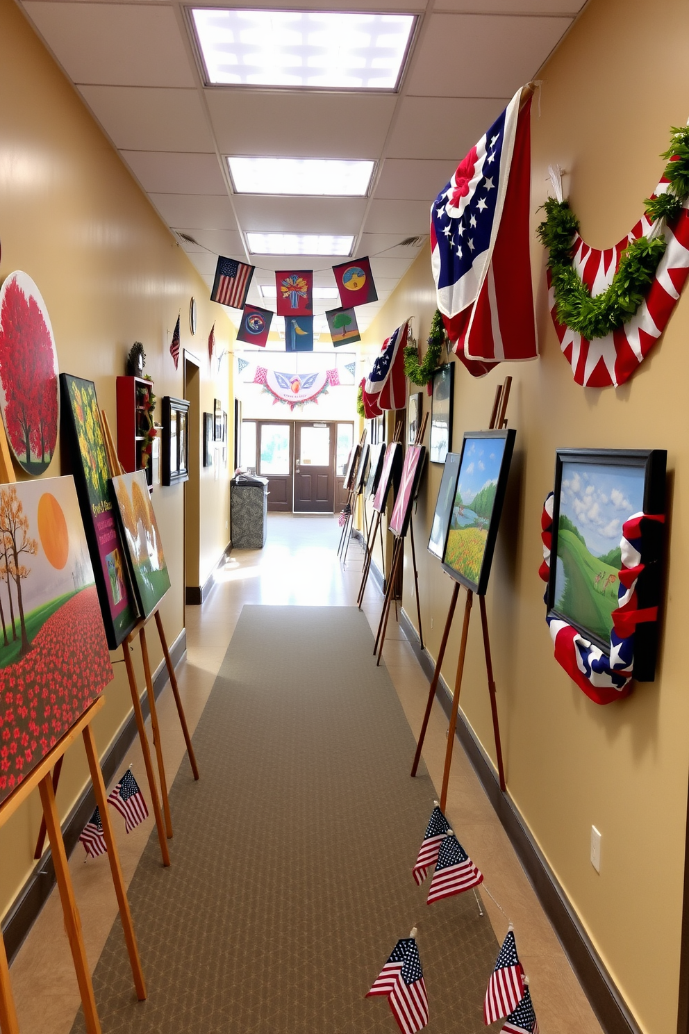 Seasonal artwork displayed on easels creates a vibrant and inviting atmosphere. The easels are placed strategically along the hallway, showcasing a variety of colorful pieces that capture the essence of each season. Labor Day decorations enhance the hallway's festive appeal. Banners and garlands in red, white, and blue adorn the walls, while small American flags are placed on the floor for a patriotic touch.