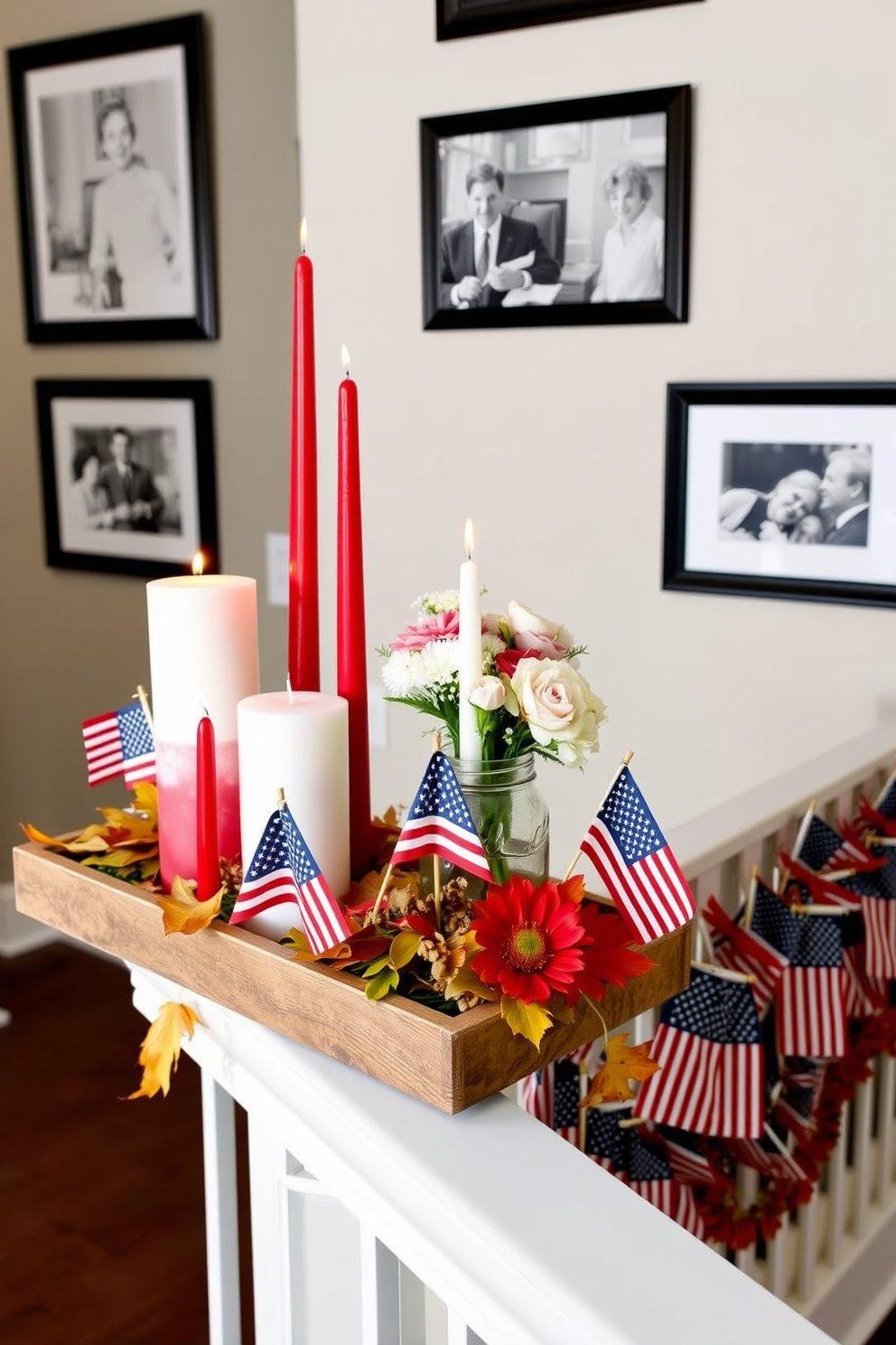 A patriotic themed candle arrangement featuring red white and blue candles of varying heights arranged on a rustic wooden tray. Surrounding the candles are small American flags and seasonal flowers in a mason jar to enhance the festive atmosphere. Labor Day hallway decorating ideas include a garland made of mini American flags and autumn leaves draped along the banister. Flanking the hallway are framed black and white photos of past Labor Day celebrations to evoke a sense of nostalgia and pride.