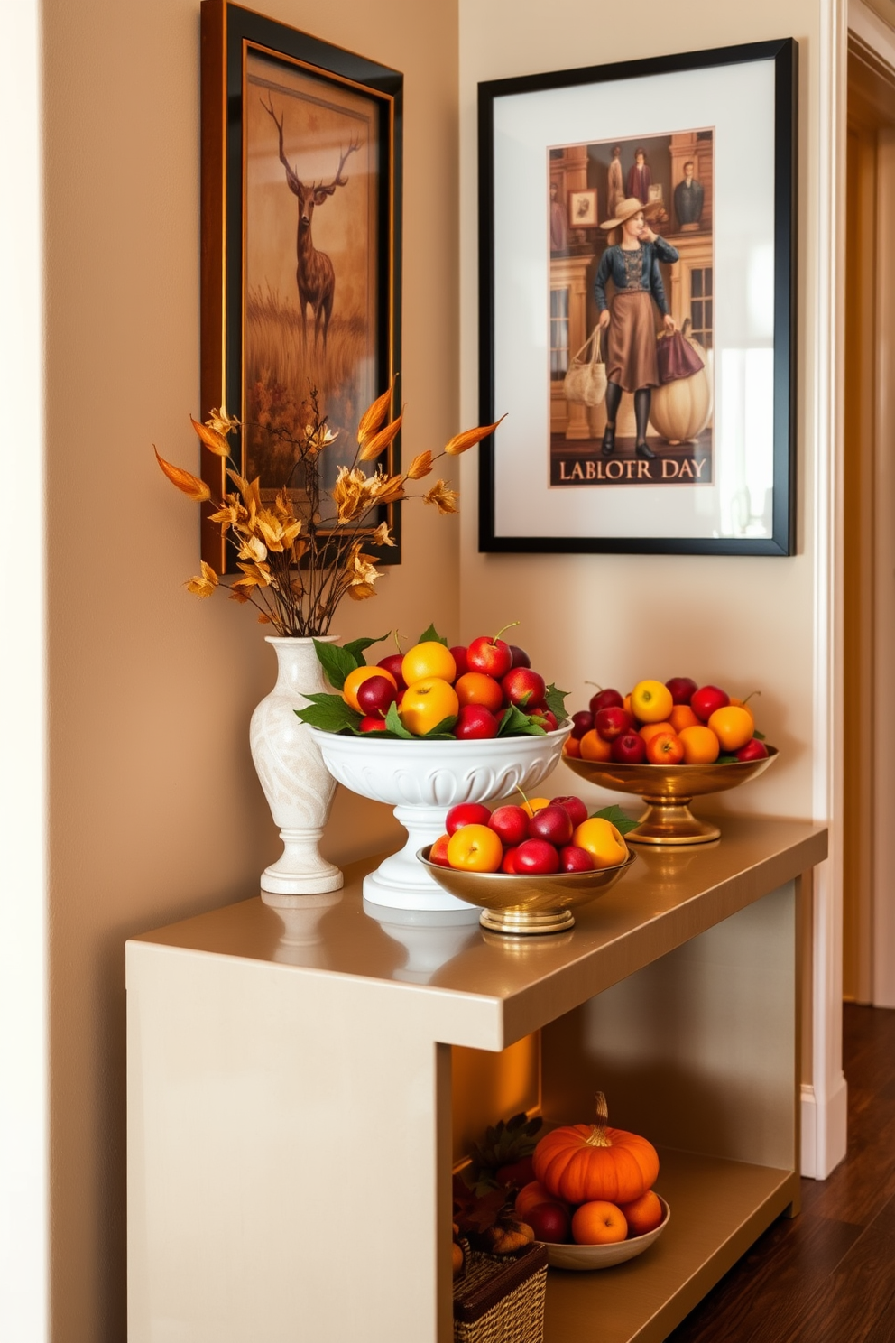 A stylish hallway adorned with decorative bowls filled with vibrant seasonal fruits. The bowls are arranged on a sleek console table, complemented by warm lighting that highlights the rich colors of the fruits. The walls are painted in a soft beige to create a welcoming atmosphere. Framed art pieces with autumn themes hang above the table, enhancing the festive feel of the Labor Day celebration.