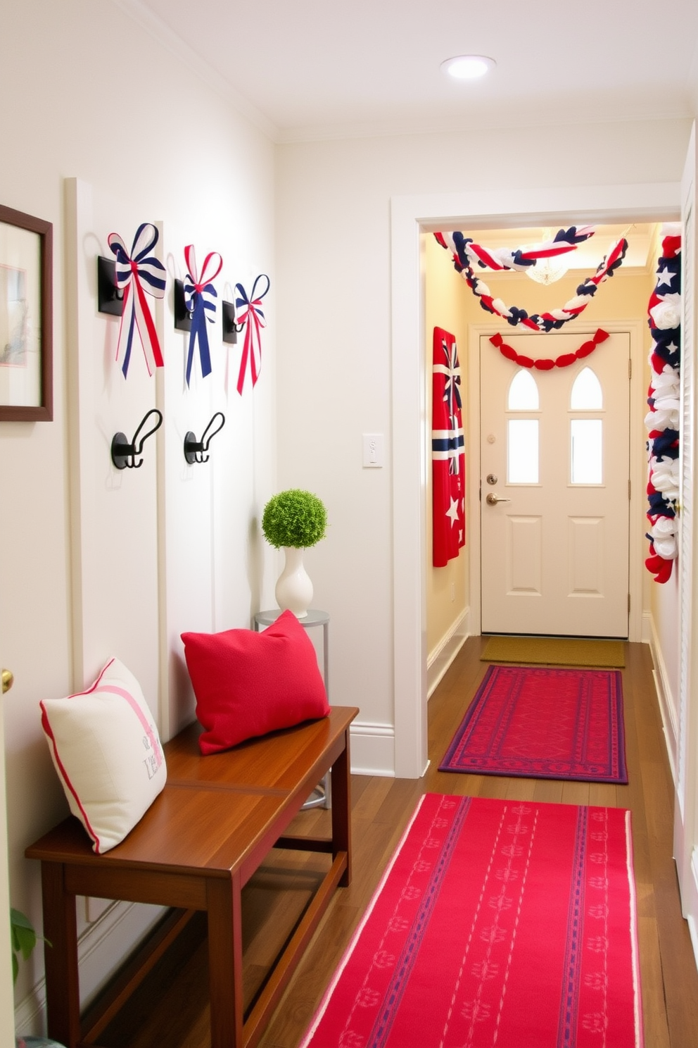 Create a welcoming entryway featuring a set of stylish hooks adorned with red white and blue ribbons. The walls are decorated with subtle patriotic-themed artwork, and a small bench is placed below the hooks for added functionality. In the hallway, incorporate festive Labor Day decorations such as garlands made of red white and blue fabric. Add a vibrant runner rug that complements the color scheme and enhances the overall festive atmosphere.