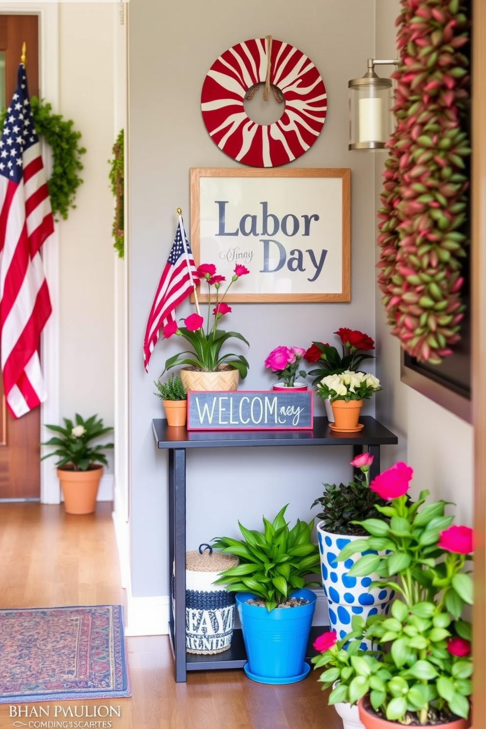 Create a vibrant hallway that celebrates Labor Day with small potted plants in festive colors. Arrange the plants along a narrow console table adorned with seasonal decorations and a cheerful welcome sign.