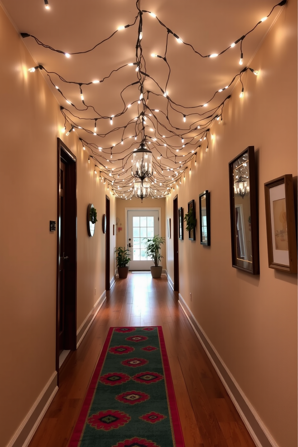 A warm and inviting hallway adorned with hanging string lights creates a festive atmosphere. The walls are painted in a soft beige color, and the wooden floor is complemented by a colorful runner rug that adds a touch of vibrancy. The string lights are draped elegantly along the ceiling, casting a gentle glow throughout the space. Decorative elements such as potted plants and framed art pieces line the walls, enhancing the cheerful ambiance for Labor Day celebrations.