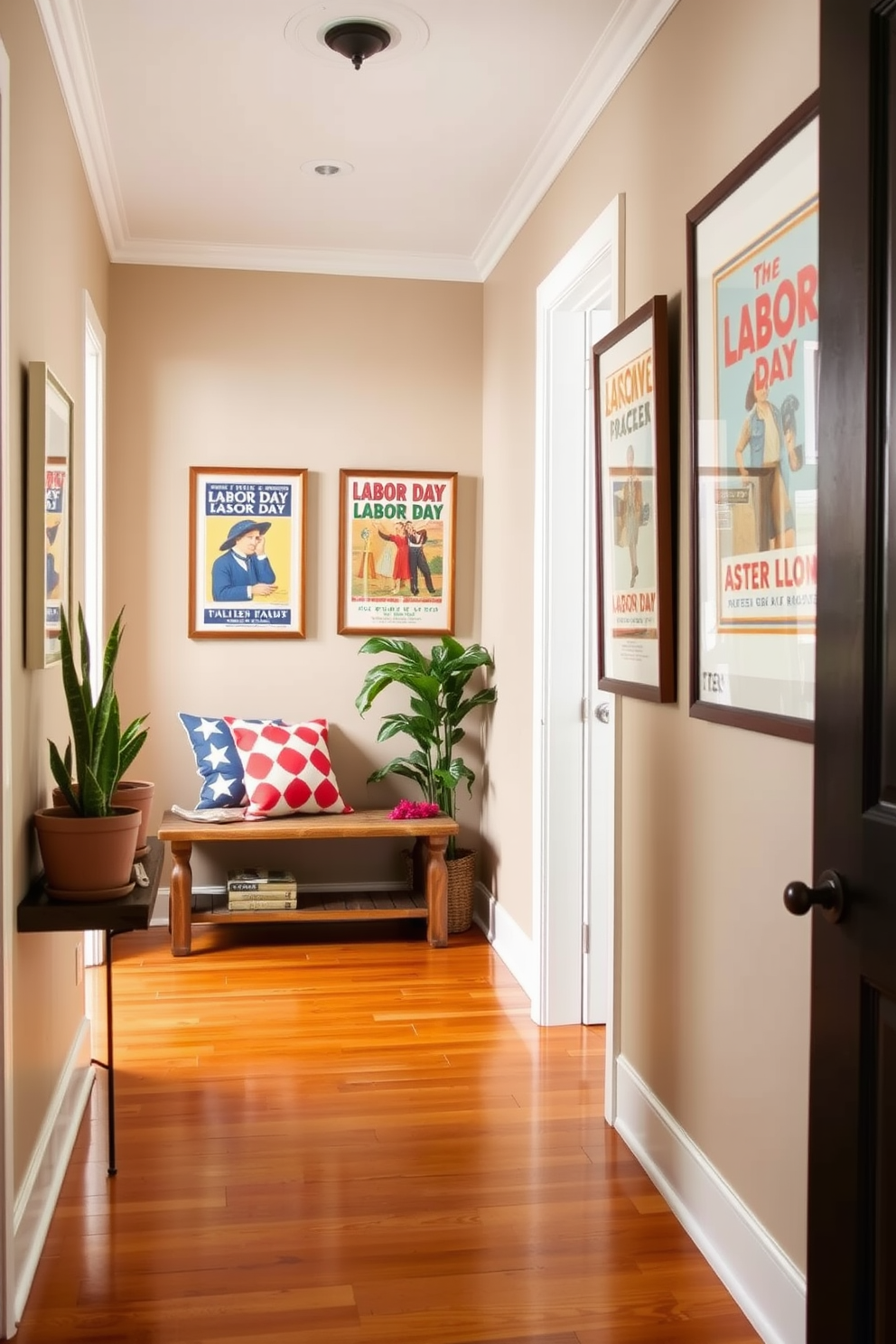 Create a stylish hallway that features framed vintage Labor Day posters displayed on the walls. The flooring is a warm hardwood, and there are decorative elements like potted plants and a rustic bench to enhance the festive atmosphere.