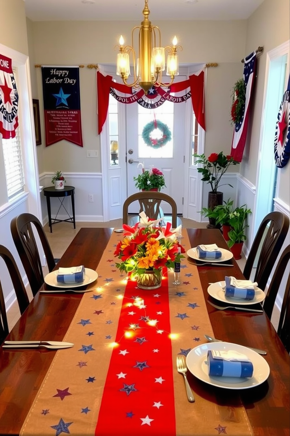 A festive table runner adorned with star patterns stretches across a beautifully set dining table. The runner is complemented by elegant dinnerware, twinkling fairy lights, and vibrant seasonal flowers in the center. For Labor Day, the hallway is decorated with red, white, and blue accents that celebrate the holiday. Banners and wreaths hang on the walls, while a welcoming display of potted plants adds a touch of freshness to the space.