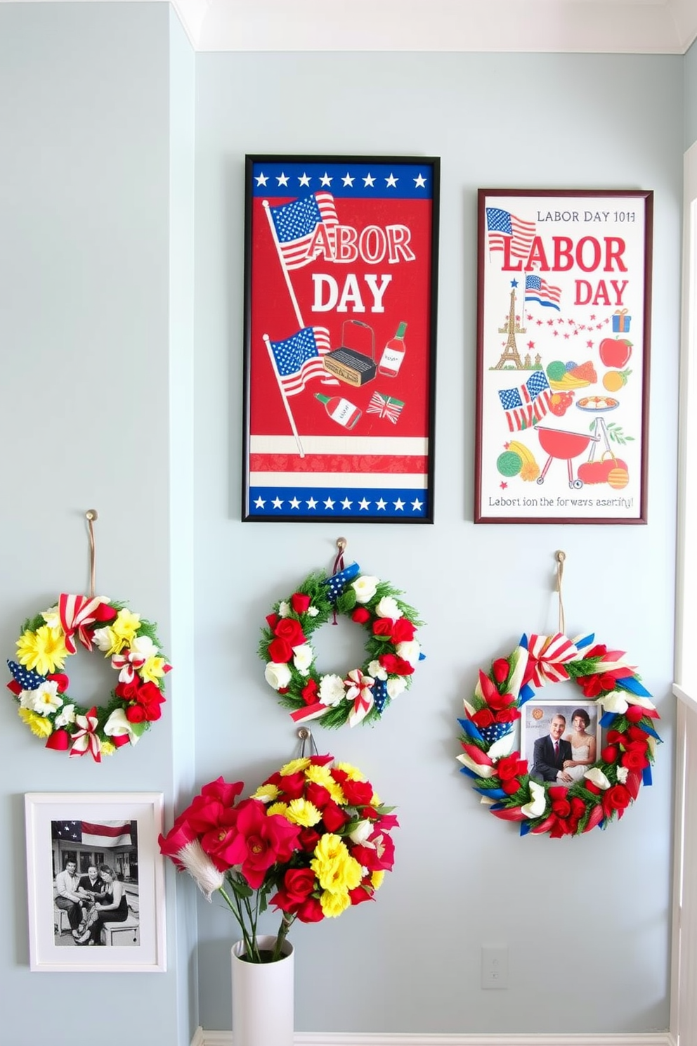 Labor Day themed wall art pieces featuring bold colors and festive designs that celebrate the spirit of the holiday. The artwork includes elements like American flags, barbecues, and picnic scenes, creating a vibrant atmosphere. Labor Day hallway decorating ideas incorporating red, white, and blue accents to evoke a patriotic feel. Decorative elements such as wreaths made of seasonal flowers and framed photographs of Labor Day celebrations enhance the festive ambiance.