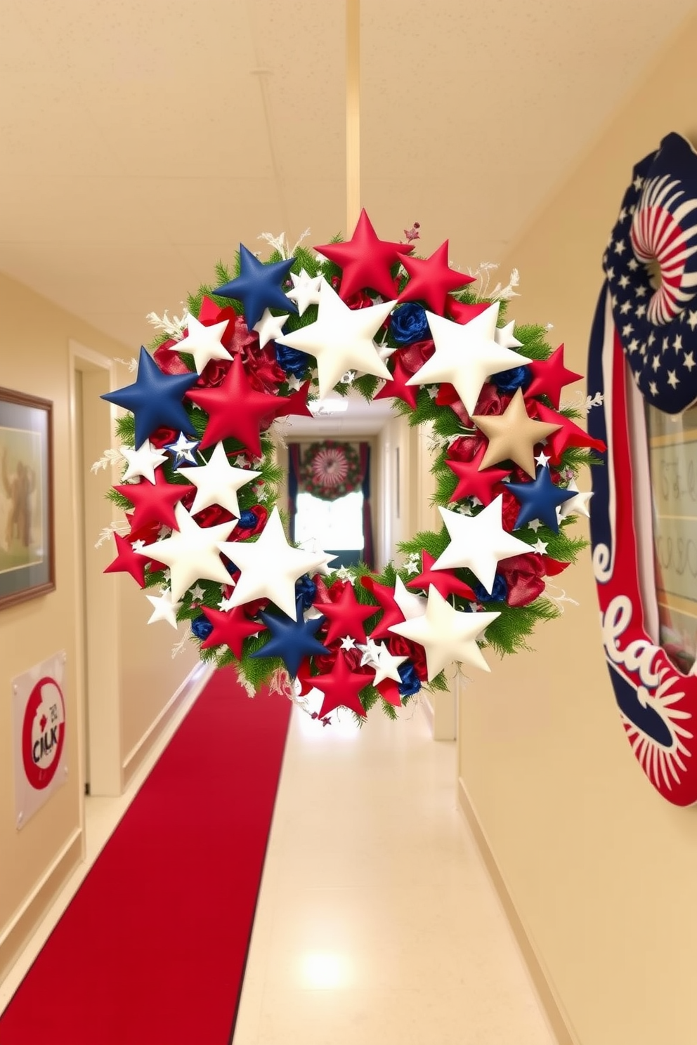 A vibrant wreath adorned with red white and blue stars and stripes hangs prominently in the hallway. The wreath is complemented by subtle patriotic decorations along the walls creating a festive atmosphere for Labor Day.