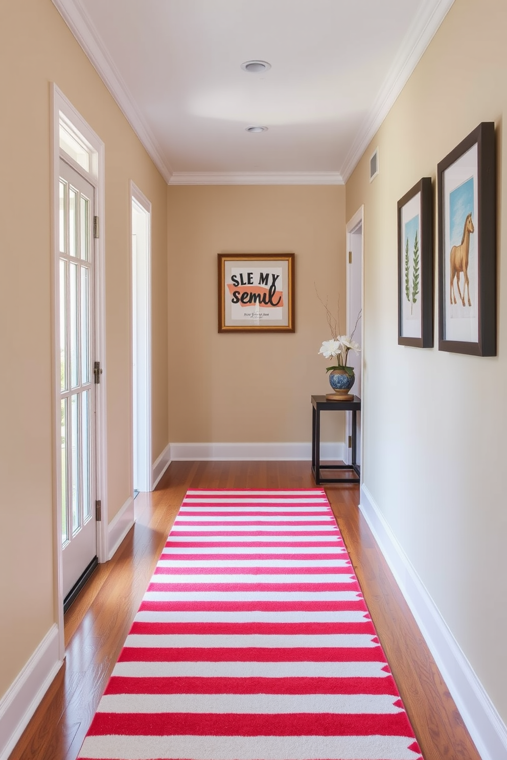 A vibrant hallway adorned with a red and white striped runner rug that adds a festive touch for Labor Day celebrations. The walls are painted in a soft beige tone, complementing the rug while framed artwork featuring seasonal themes hangs at eye level.