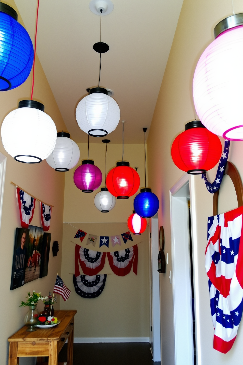 Hanging lanterns in vibrant red white and blue hues are suspended from the ceiling creating a festive atmosphere. The hallway is adorned with decorative elements that celebrate Labor Day including banners and garlands of stars and stripes. The walls are painted in a soft neutral tone to enhance the colorful lanterns. A rustic wooden console table is placed against one wall displaying themed decorations such as small flags and seasonal flowers.