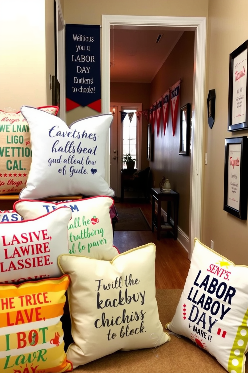 A collection of decorative pillows featuring inspiring Labor Day quotes. Each pillow showcases a unique design with vibrant colors and patterns that celebrate the spirit of the holiday. A warm and inviting hallway adorned with festive Labor Day decorations. The walls are lined with subtle banners and framed quotes, creating a cheerful atmosphere as guests enter the home.