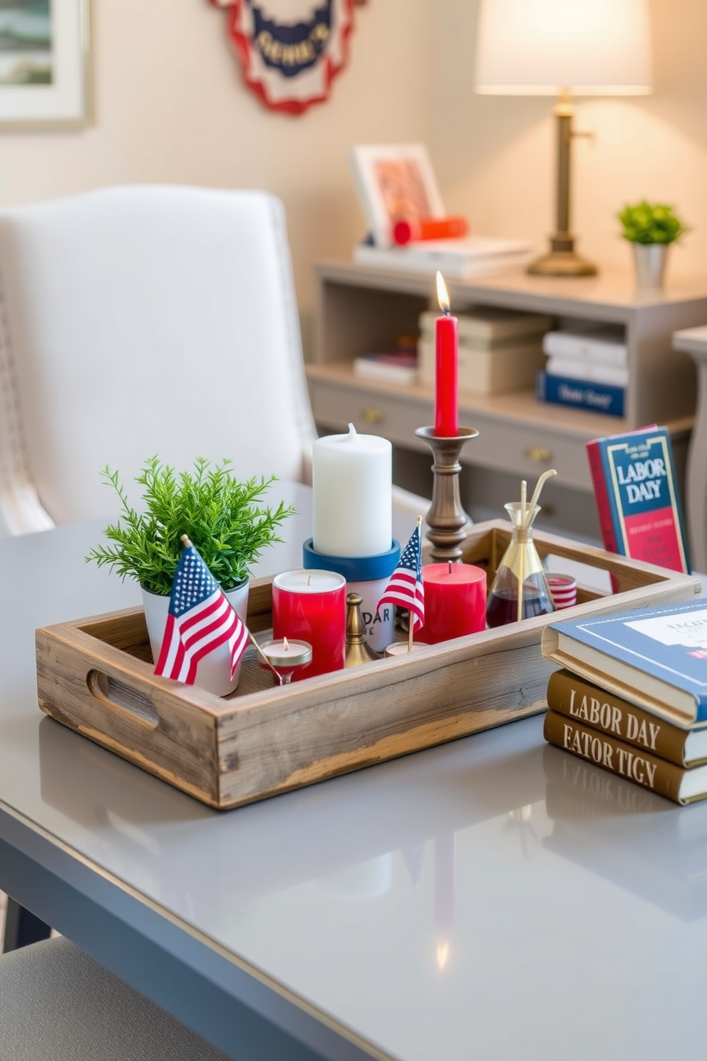 A stylish desk centerpiece for a Labor Day themed home office. The arrangement includes a rustic wooden tray filled with red, white, and blue decorative items, such as small flags and candles. On one side of the tray, a potted plant adds a touch of greenery, while on the other, a stack of vintage books with a patriotic cover creates visual interest. The backdrop features a well-organized desk with a comfortable chair and soft lighting to enhance the inviting atmosphere.