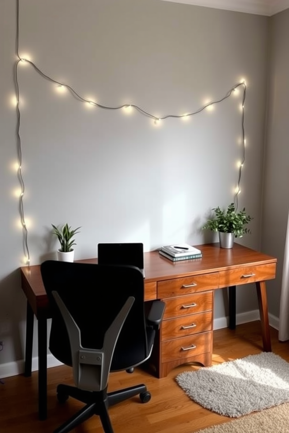 A cozy home office setting designed for productivity and comfort. The walls are painted in a soft gray, complemented by a large wooden desk and an ergonomic chair. On the desk, a stylish laptop sits next to a decorative plant and a stack of books. String lights are draped along the wall, adding a festive glow to the workspace.