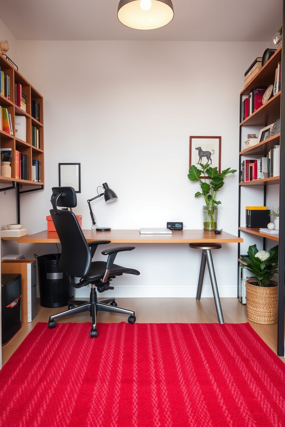 A cozy home office space designed for productivity. The floor is adorned with a red and white striped rug that adds a vibrant touch to the room. A sleek wooden desk is positioned against a wall, complemented by a comfortable ergonomic chair. Shelves filled with books and decorative items line the walls, creating an inviting atmosphere.