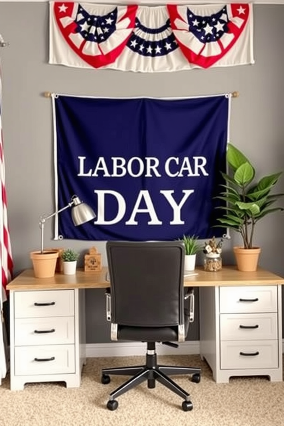 A cozy home office setting designed for Labor Day celebrations. The walls are adorned with a large Labor Day banner, and a stylish desk is positioned against the backdrop, featuring a comfortable chair and decorative plants.