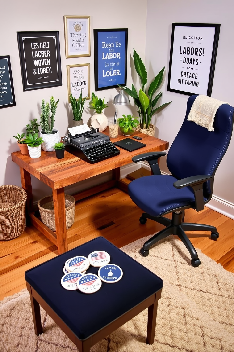 Create a cozy home office space that celebrates Labor Day with themed coasters for drinks. The desk is made of reclaimed wood and features a vintage typewriter, surrounded by potted plants and framed motivational quotes on the walls. Incorporate a comfortable ergonomic chair upholstered in a rich navy fabric. The floor is adorned with a soft area rug that complements the color scheme, while a small coffee table holds a selection of festive coasters featuring Labor Day motifs.