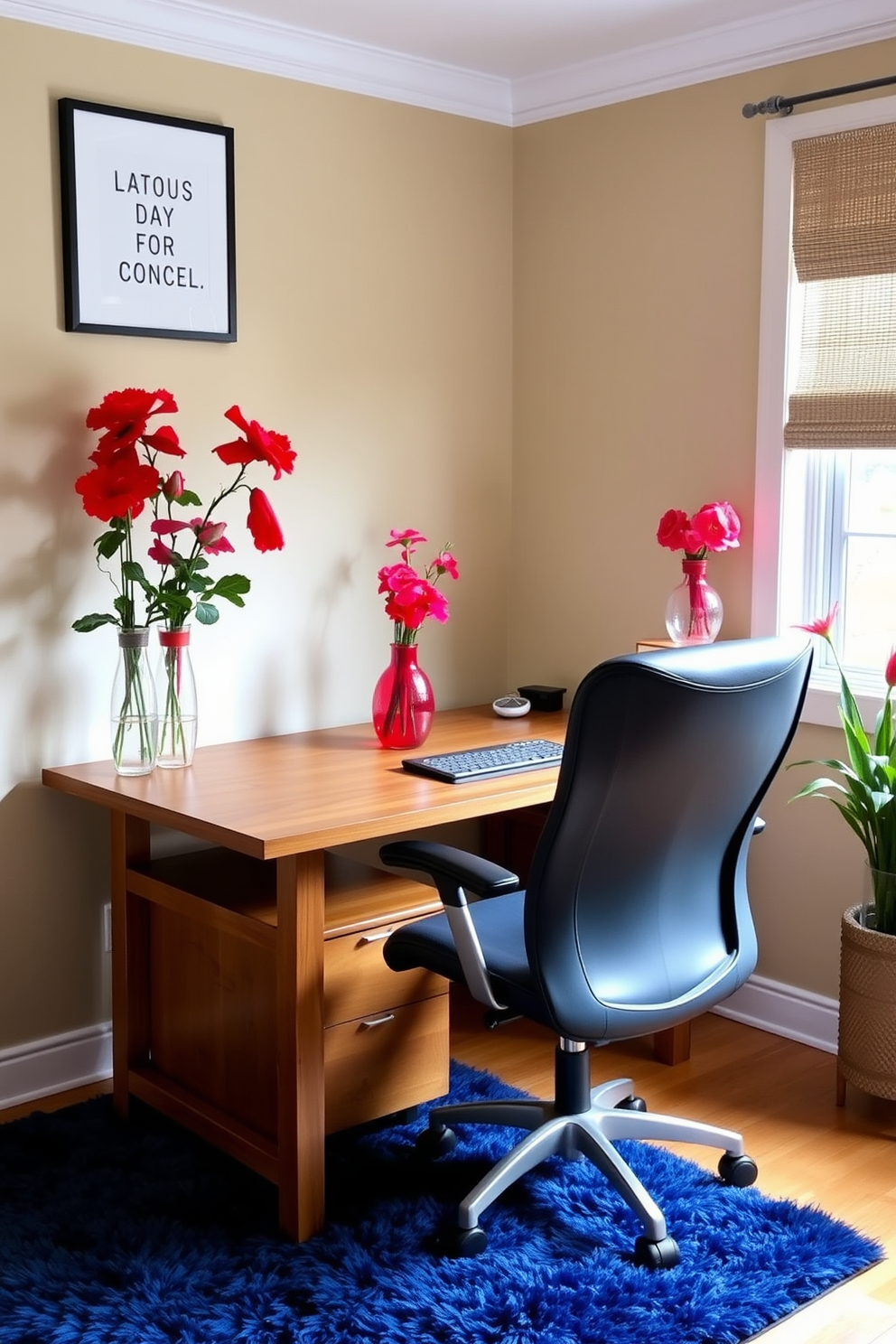 A cozy home office setting designed for Labor Day. The room features a sturdy wooden desk with a comfortable ergonomic chair, and seasonal flowers in vibrant red vases are placed on the desk and windowsill. The walls are painted in a soft beige tone, providing a warm backdrop. A plush area rug in deep blue complements the decor, while motivational artwork hangs above the desk, creating an inspiring workspace.