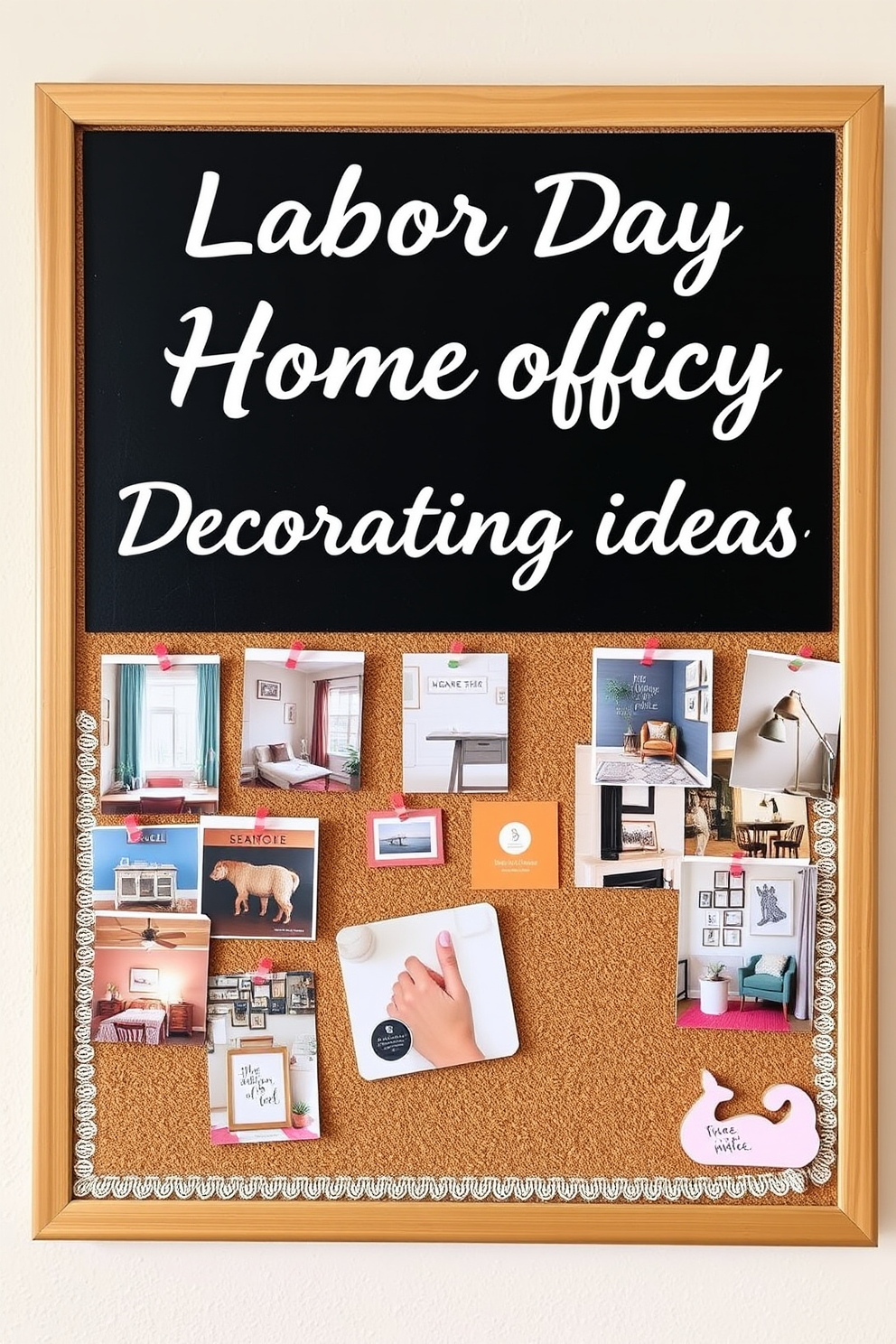 Create a bulletin board that showcases a collection of inspiring Labor Day home office decorating ideas. The board should feature a mix of vibrant colors and textures, with pinned photos of stylish desks, cozy seating arrangements, and decorative accessories that evoke a sense of productivity and comfort.