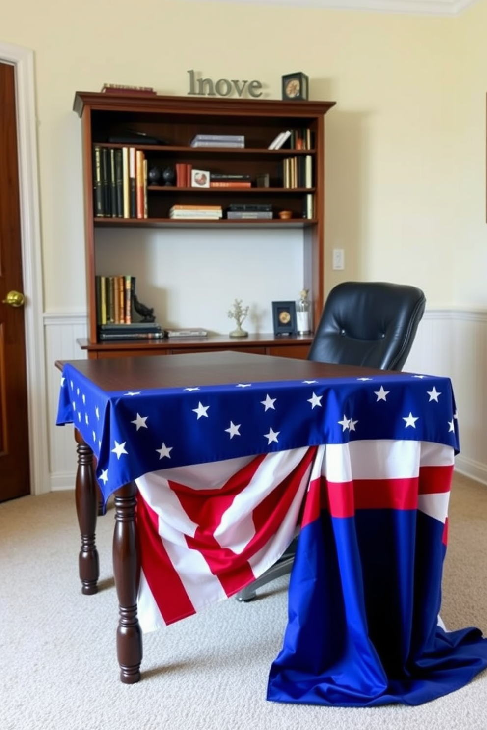 Labor Day themed coffee mugs displayed on a rustic wooden shelf. The mugs feature vibrant colors and festive designs, surrounded by small American flags and seasonal decorations. A cozy home office setup decorated for Labor Day. A stylish desk is adorned with a patriotic table runner, and a comfortable chair is complemented by a decorative throw pillow in red, white, and blue.