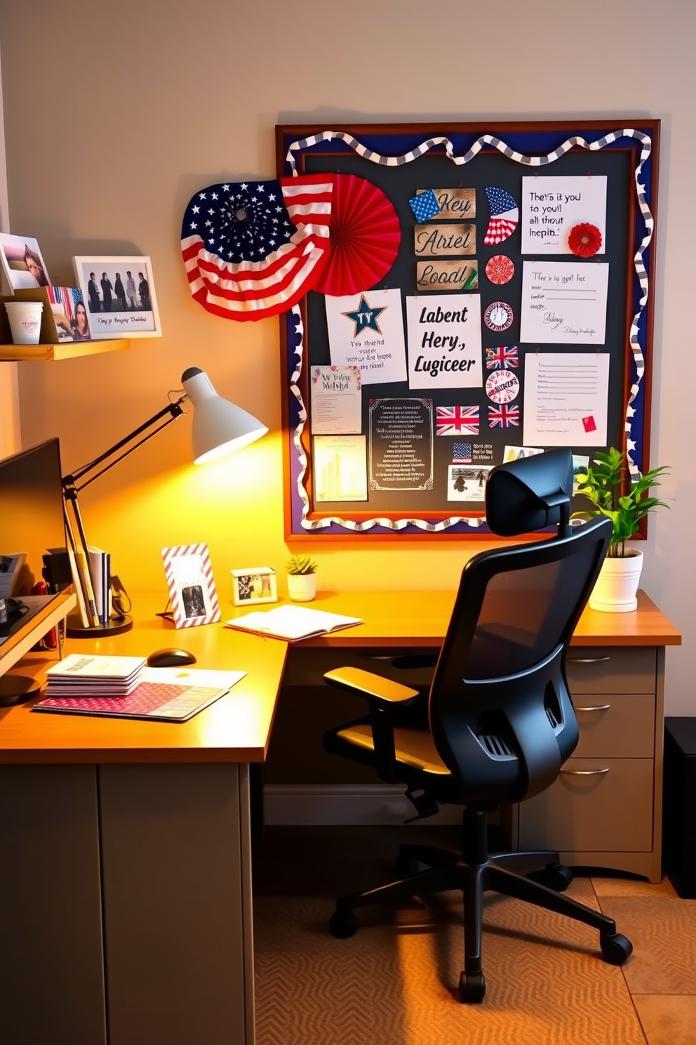 Create a cozy home office space inspired by Labor Day themes. Incorporate themed stationery with red, white, and blue accents on the desk, paired with a comfortable ergonomic chair and a stylish desk lamp. Add a bulletin board adorned with patriotic decorations and inspiring quotes. Use warm lighting to create an inviting atmosphere, and include a small indoor plant for a touch of greenery.