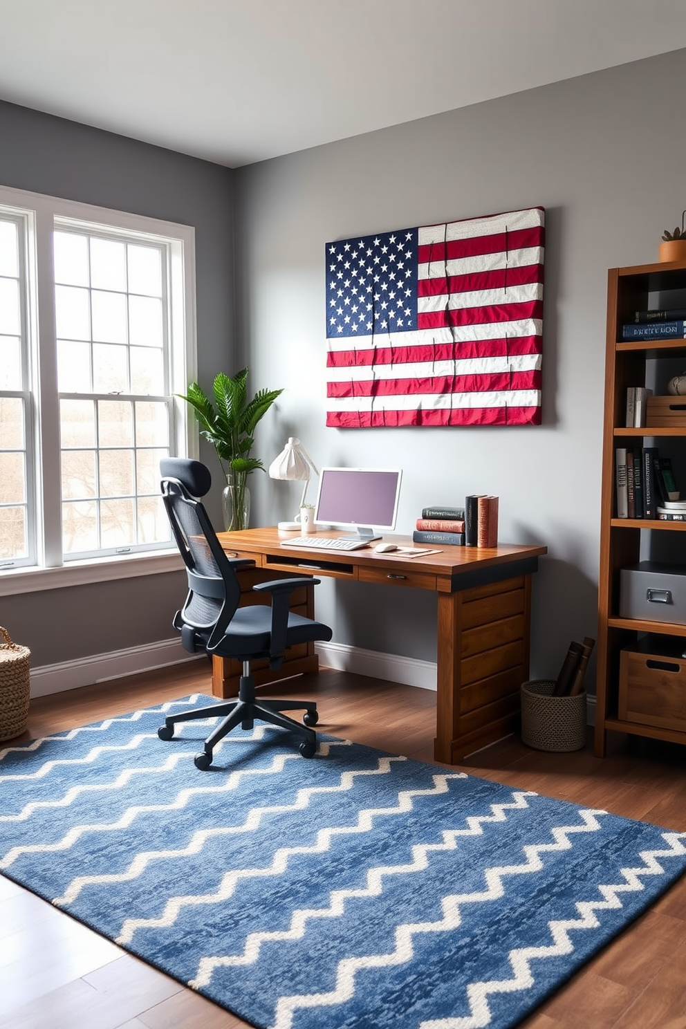 A stylish home office featuring American flag wall art adds a patriotic touch to the workspace. The desk is made of reclaimed wood, paired with a comfortable ergonomic chair, and a large window allows natural light to flood the room. The walls are painted in a soft gray, creating a calming backdrop for the vibrant flag artwork. A cozy area rug in blue and white complements the decor, while shelves filled with books and decorative items provide both functionality and style.