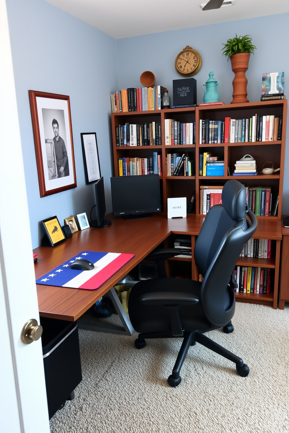 A cozy home office space featuring a desk with a flag-themed mouse pad prominently displayed. The walls are painted in a soft blue hue, and a comfortable ergonomic chair sits in front of the desk, surrounded by bookshelves filled with colorful books and decorative items.