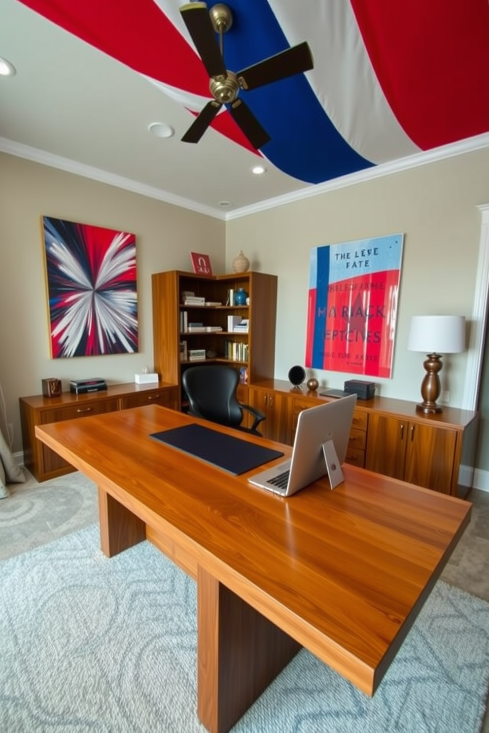 A stylish home office featuring a large wooden desk with a sleek design. The walls are adorned with vibrant red white and blue artwork, creating a patriotic atmosphere. A comfortable ergonomic chair sits at the desk, complementing the overall decor. A bookshelf filled with books and decorative items adds personality to the space.