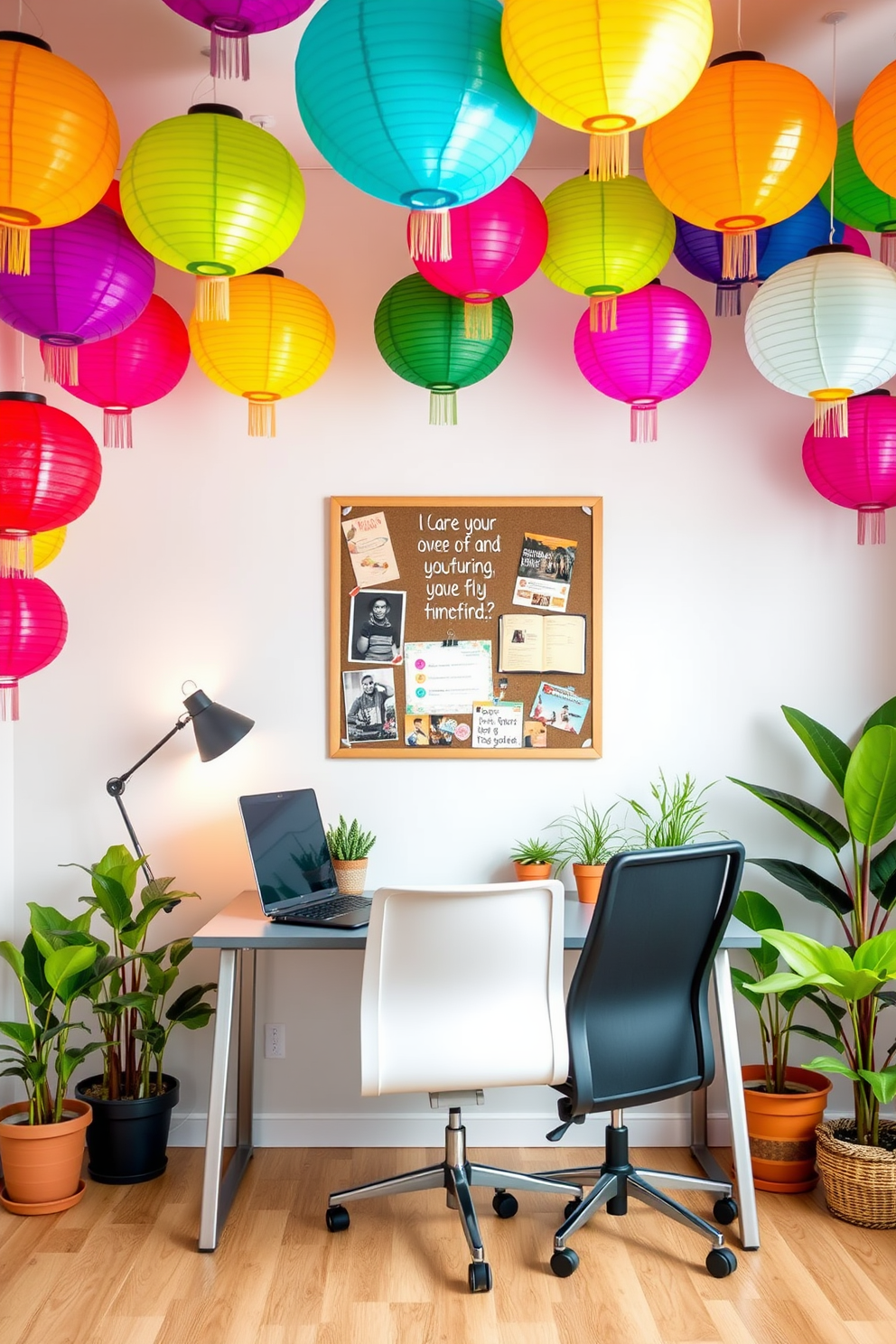 A vibrant home office space filled with energy and creativity. The walls are adorned with colorful paper lanterns in festive hues, creating a lively atmosphere for work and inspiration. A sleek desk sits in the center, paired with a comfortable ergonomic chair. To enhance productivity, a bulletin board with inspiring quotes and images is mounted above the desk, surrounded by potted plants for a touch of greenery.