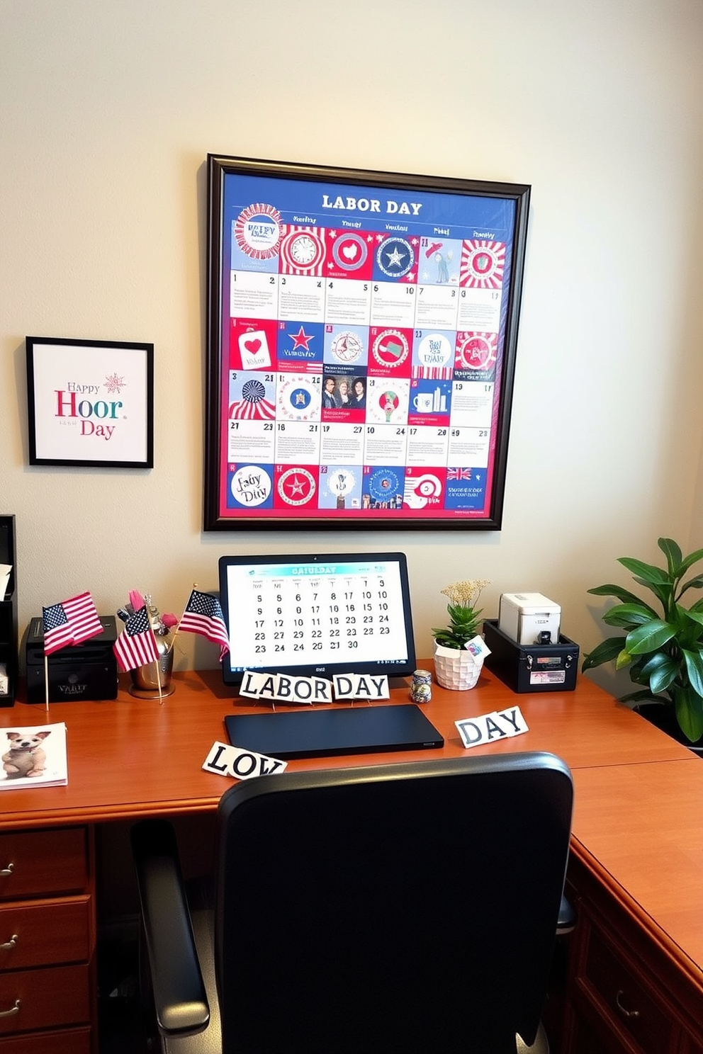 A home office decorated for Labor Day features a vibrant calendar prominently displayed on the wall. The calendar showcases festive designs with red, white, and blue colors, celebrating the spirit of the holiday. On the desk, there are themed decorations such as small American flags and a decorative banner that reads 