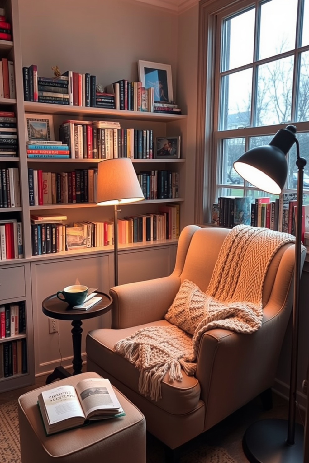 Create a cozy reading nook with a plush armchair upholstered in soft fabric positioned near a large window. A small side table holds a steaming cup of tea and a stack of books, while a warm, knitted throw drapes over the armchair. Incorporate a floor lamp with a warm glow to illuminate the space during evening hours. Surround the nook with shelves filled with various books and personal mementos, creating an inviting atmosphere for relaxation.