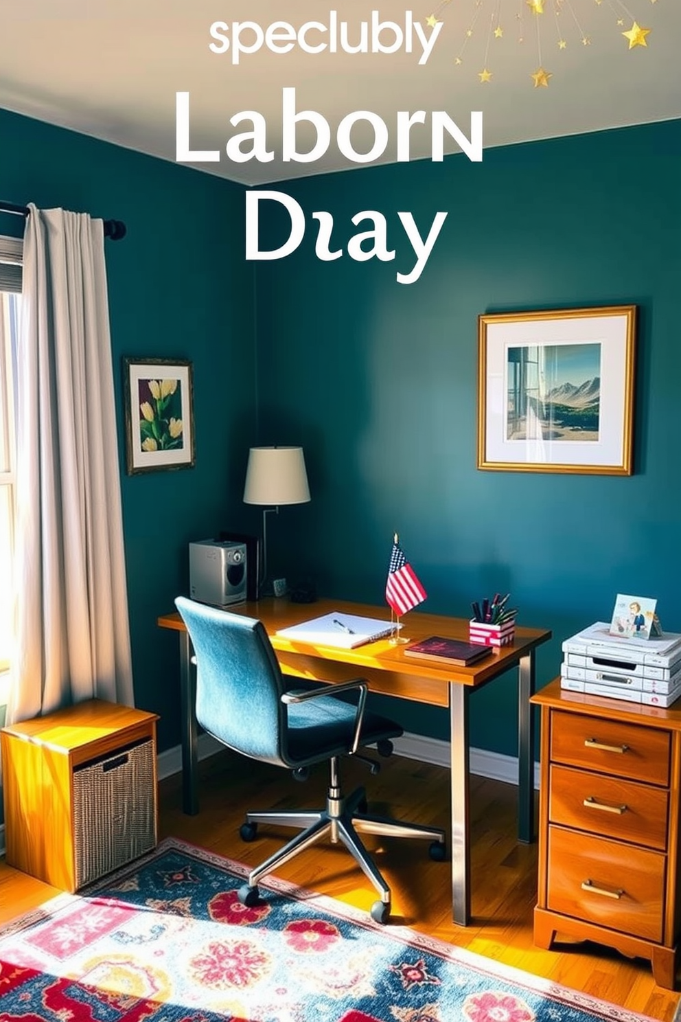 A stylish home office setting designed for Labor Day celebrations. The desk is adorned with a small flag, surrounded by neatly arranged office supplies and a comfortable chair. Natural light streams in through a large window, illuminating the warm wood tones of the furniture. A colorful rug adds a cozy touch to the space, while framed artwork reflects a sense of creativity and inspiration.