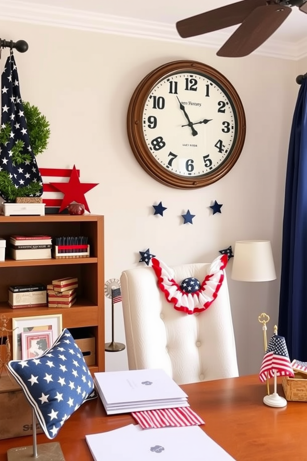 A patriotic themed home office decorated for Labor Day. The walls are adorned with red white and blue accents and a large clock featuring stars and stripes hangs prominently above the desk.