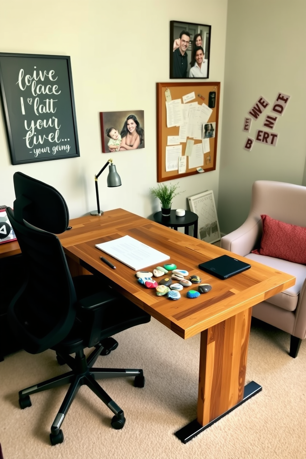 A stylish home office setting featuring a sleek desk made from reclaimed wood paired with a comfortable ergonomic chair. On the desk, a collection of DIY painted rocks in various colors and patterns serves as unique decor, adding a personal touch to the workspace. The walls are adorned with inspirational artwork and a bulletin board showcasing family photos and reminders. A cozy reading nook in the corner includes a plush armchair and a small side table, creating an inviting atmosphere for productivity and relaxation.