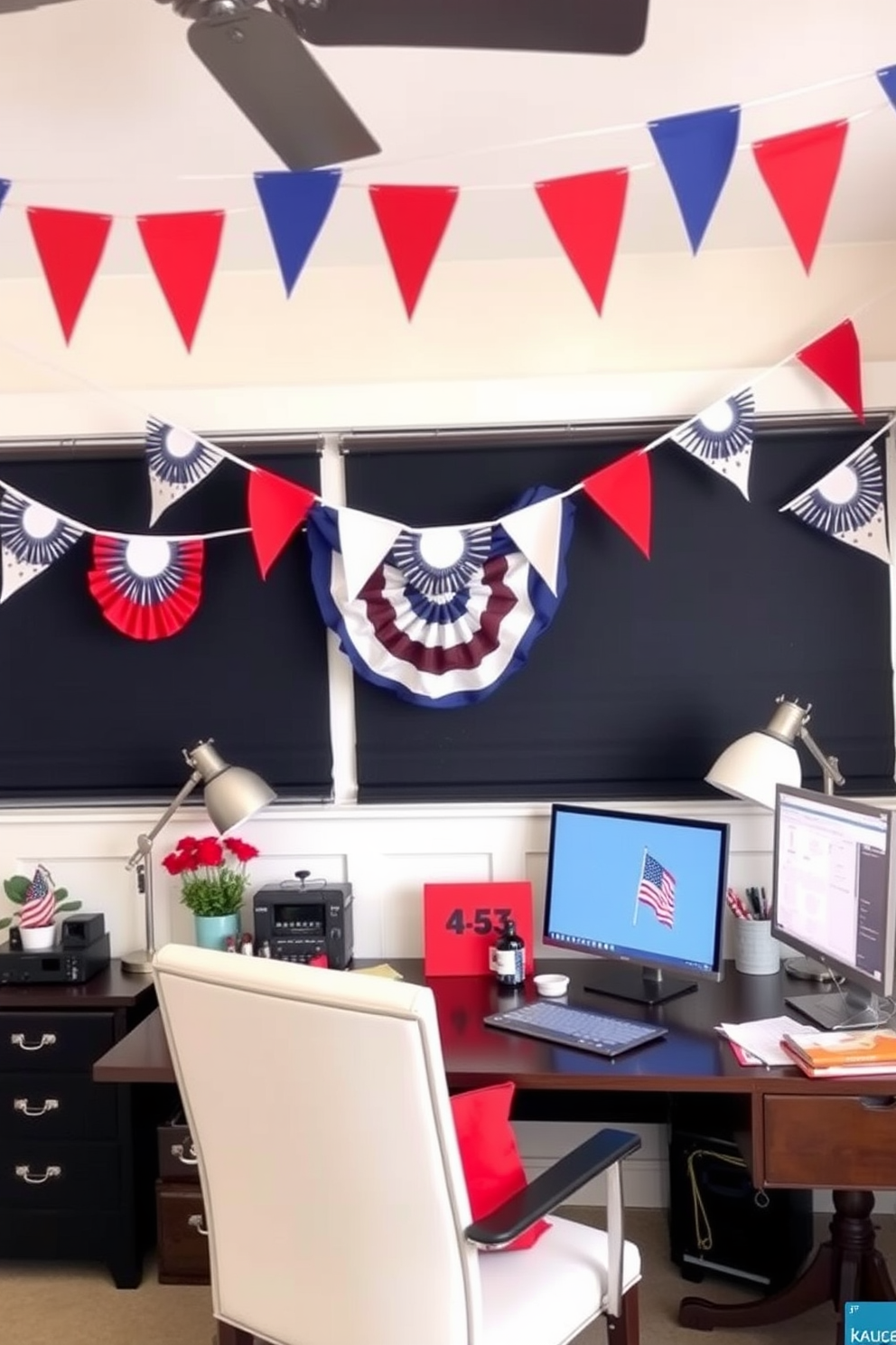 A stylish home office decorated for Labor Day. Festive banners in red, white, and blue hang across the room, adding a cheerful touch to the workspace.